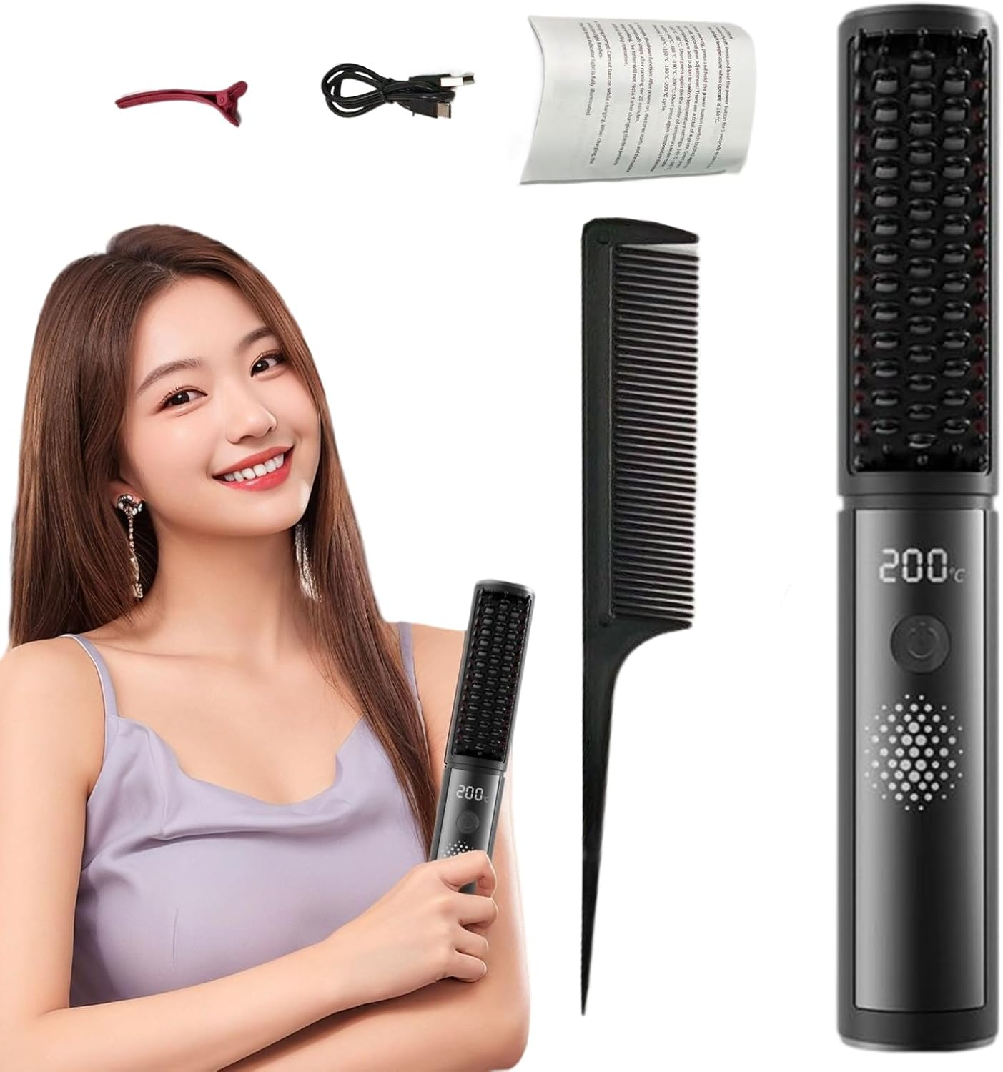 Walopola Straightening Brush, Portable Straightening Comb, 4 Temp Settings Anti-Scald Fast Heating Styling Tools for Smooth Shiny Hair Less Frizz Home Travel Girls Women Professional Salon