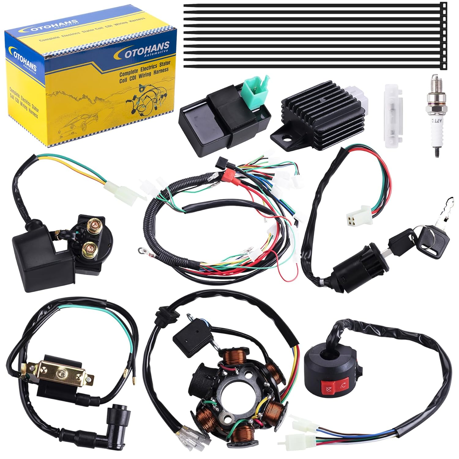 Complete Electrics Wiring Harness Coil Stator Solenoid Relay CDI Spark Plug for 4 Wheelers Stroke ATV 50Cc 70Cc 90Cc 110Cc 125Cc Go Kart Pit Quad Dirt Buggy Bike Parts By