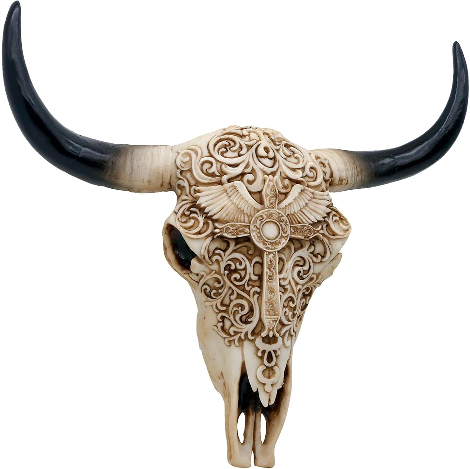 Western Cow Skull Wall-Decor - 12.2&rdquo;Long Realistic Animal Head Wall Hanging Art Boho Cross Steer Bison Buffalo Bull Cow Horned Skull Home Wall Decor image number 2