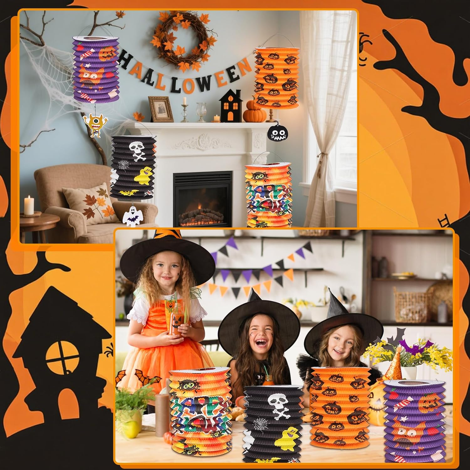 Pack of 4 Halloween Lanterns, Halloween Paper Lanterns Decoration, Pumpkin Lanterns, Foldable Lampshade, Ghost Halloween Lantern Children for Halloween/Outdoor/Saint Martin Party/Party Decorations image number 1