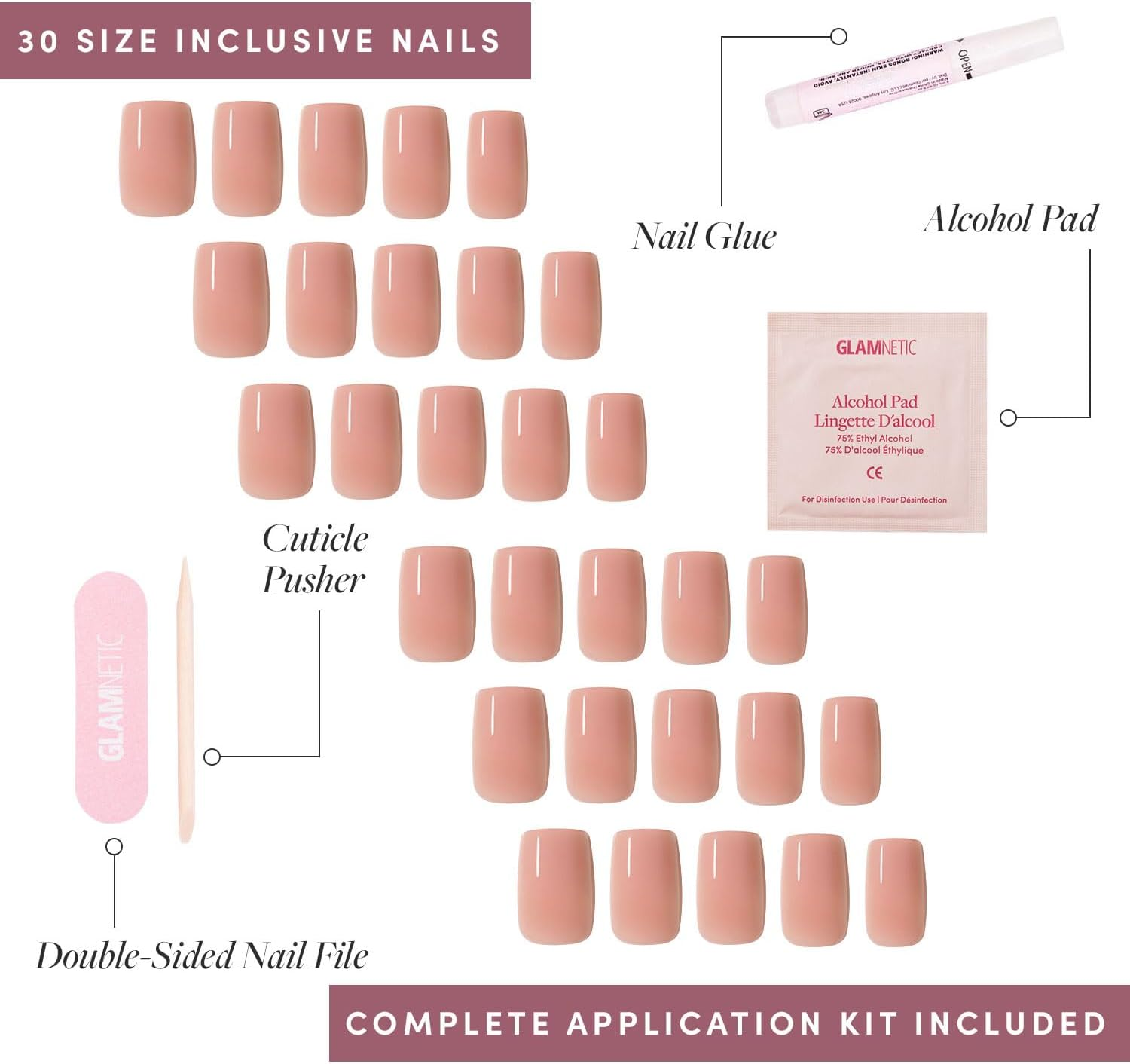 Glamnetic Press on Nails - in the Nude, Medium Square False Nails, Clear Nude, Neutral, Reusable, Kit with 30 Nails, 15 Sizes - Classy French image number 6