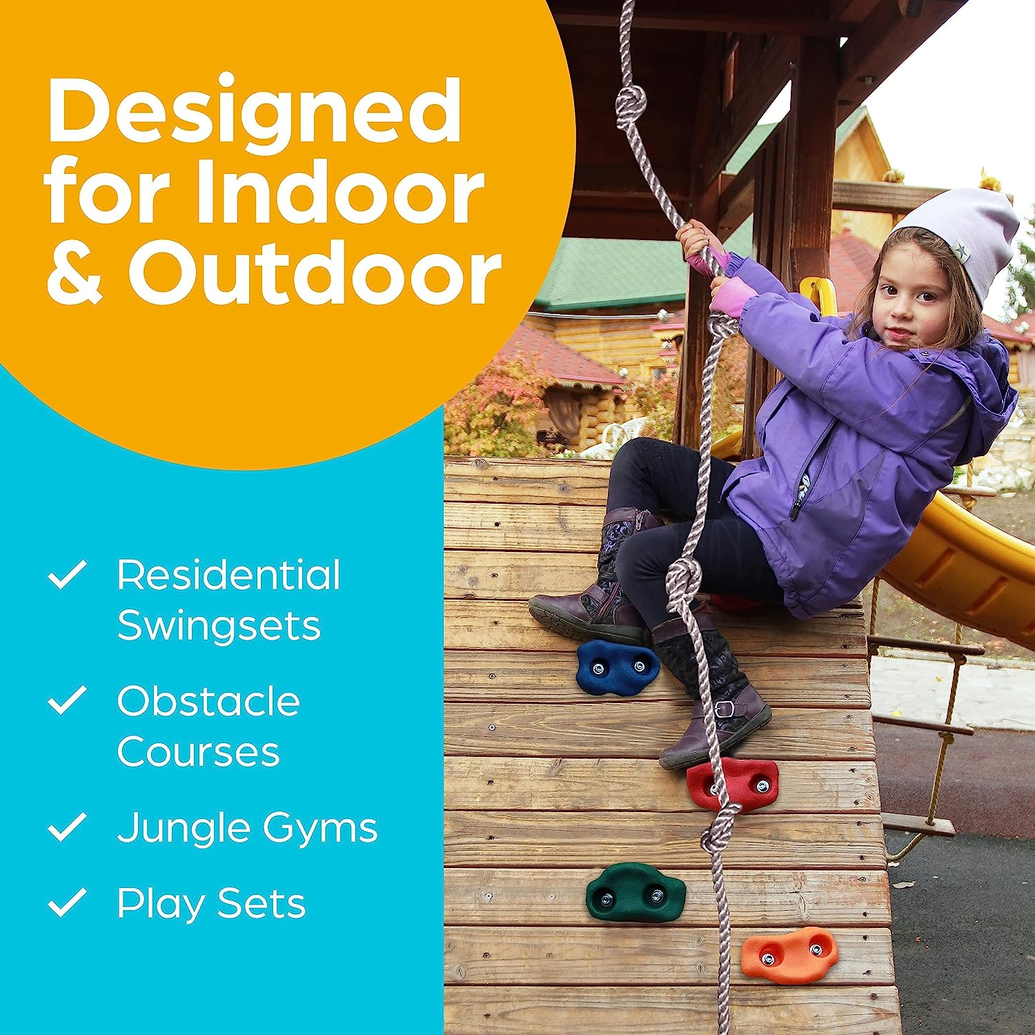 Jungle Gym Kingdom DIY 25 Rock Climbing Ninja Hand Holds with Robust 8 Foot Knotted Rope Build Childrens Playground Wall Kids Indoor Outdoor Play Sets with Mounting Hardware image number 5