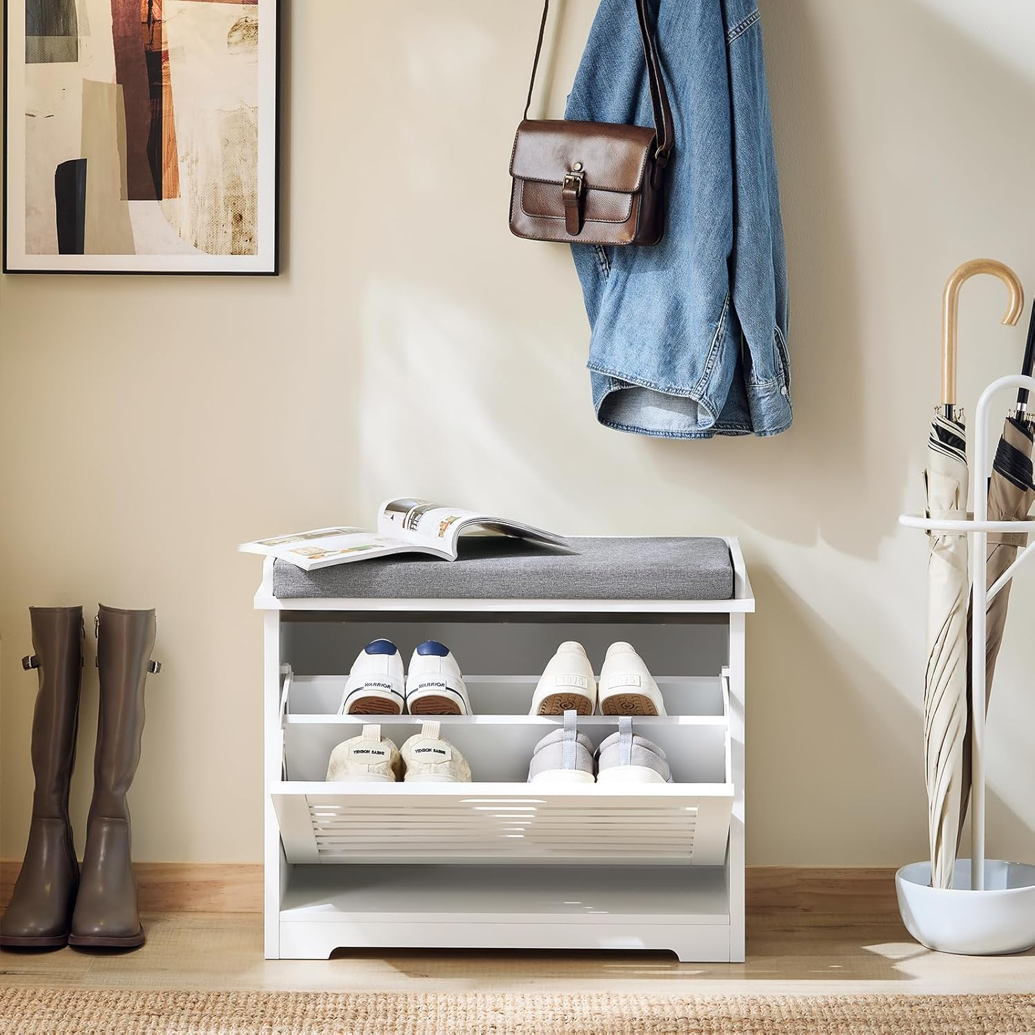 Sobuy Hallway Bench Shoe Storage Cabinet with Drawer & Seat Cushion FSR184-K-W