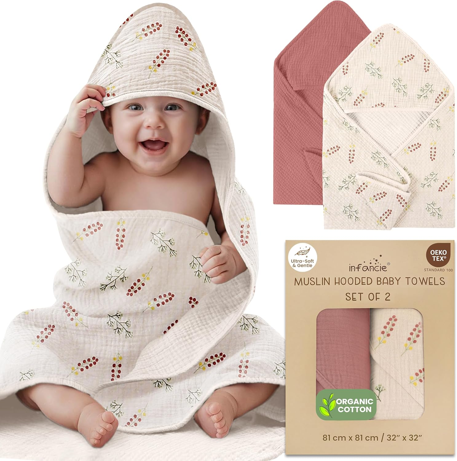 Infancie Organic Cotton Muslin Baby Hooded Towels - 81 X 81 Cm, 2 Pack Newborn Bath Towels for Boys & Girls, Soft & Absorbent Bath Set (Rose/Peach)