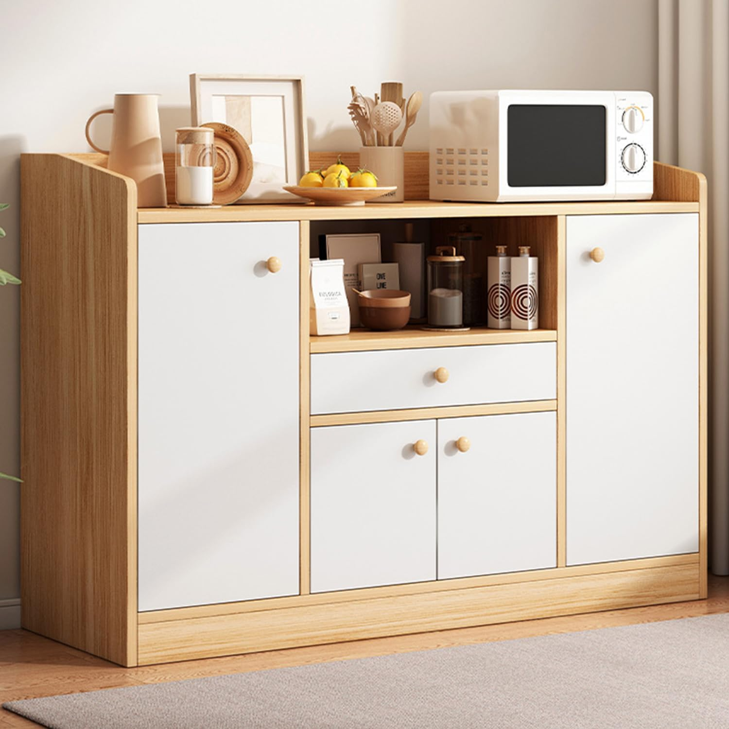 Uandhome Sideboard Cabinet,Modern Kitchen Storage Cabinet with 1 Drawer & 4 Doors for Microwave Oven,Tableware and Kitchens Utensils,Modern Storage Cabinets for Dining Room,Living Room & Kitchen image number 3