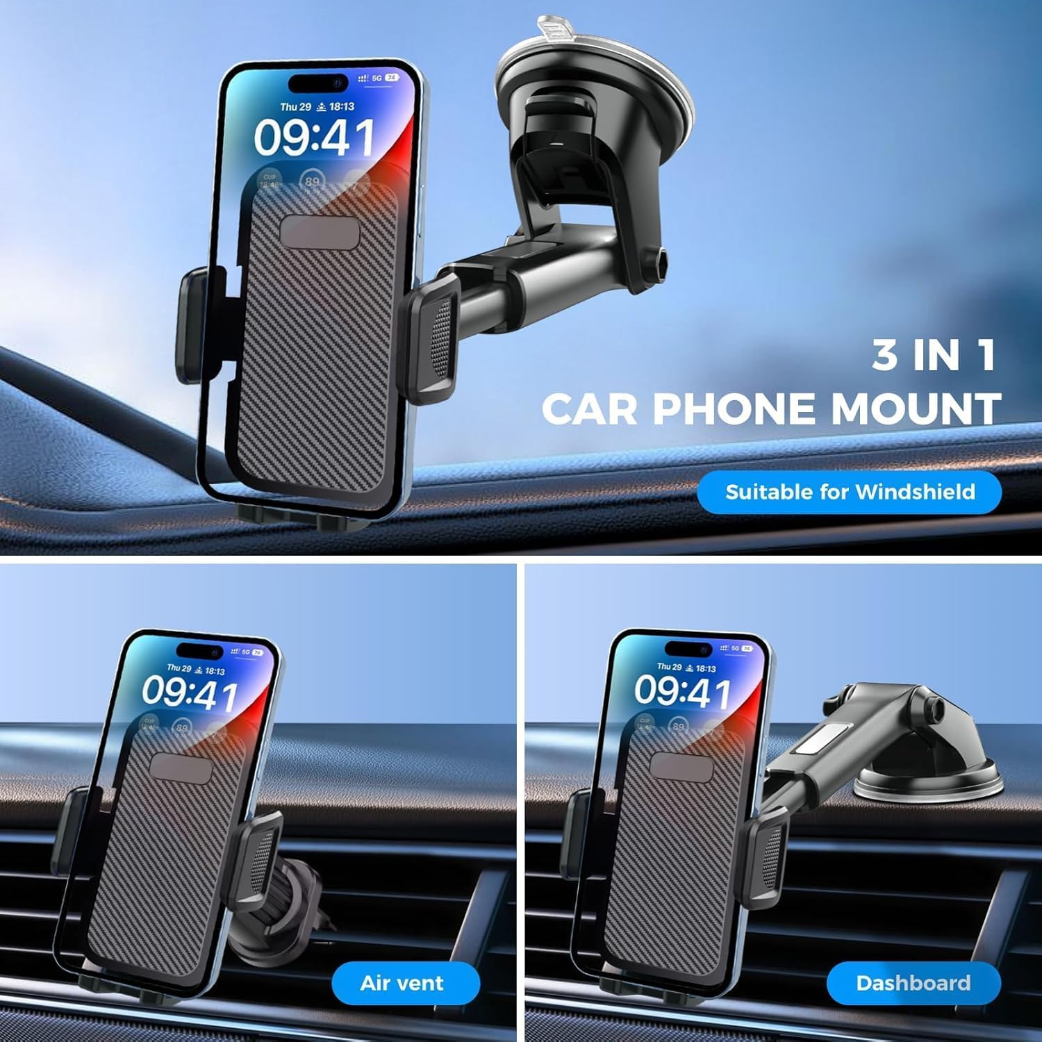 Car Phone Holder Mount Phone Mount for Car Windshield Dashboard Air Vent Universal Hands Free Automobile Cell Phone Holder Fit for Iphone Smartphone Carbon Fiber image number 6