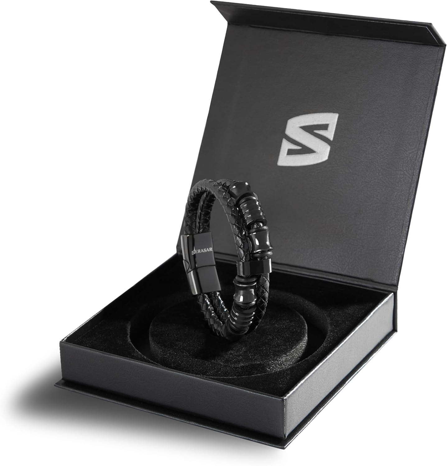SERASAR | Men'S Premium Black Genuine Leather Bracelet [Spirit] | Magnetic Stainless Steel Clasp in Black, Silver and Gold | Exclusive Jewellery Box | Great Gift Idea image number 3