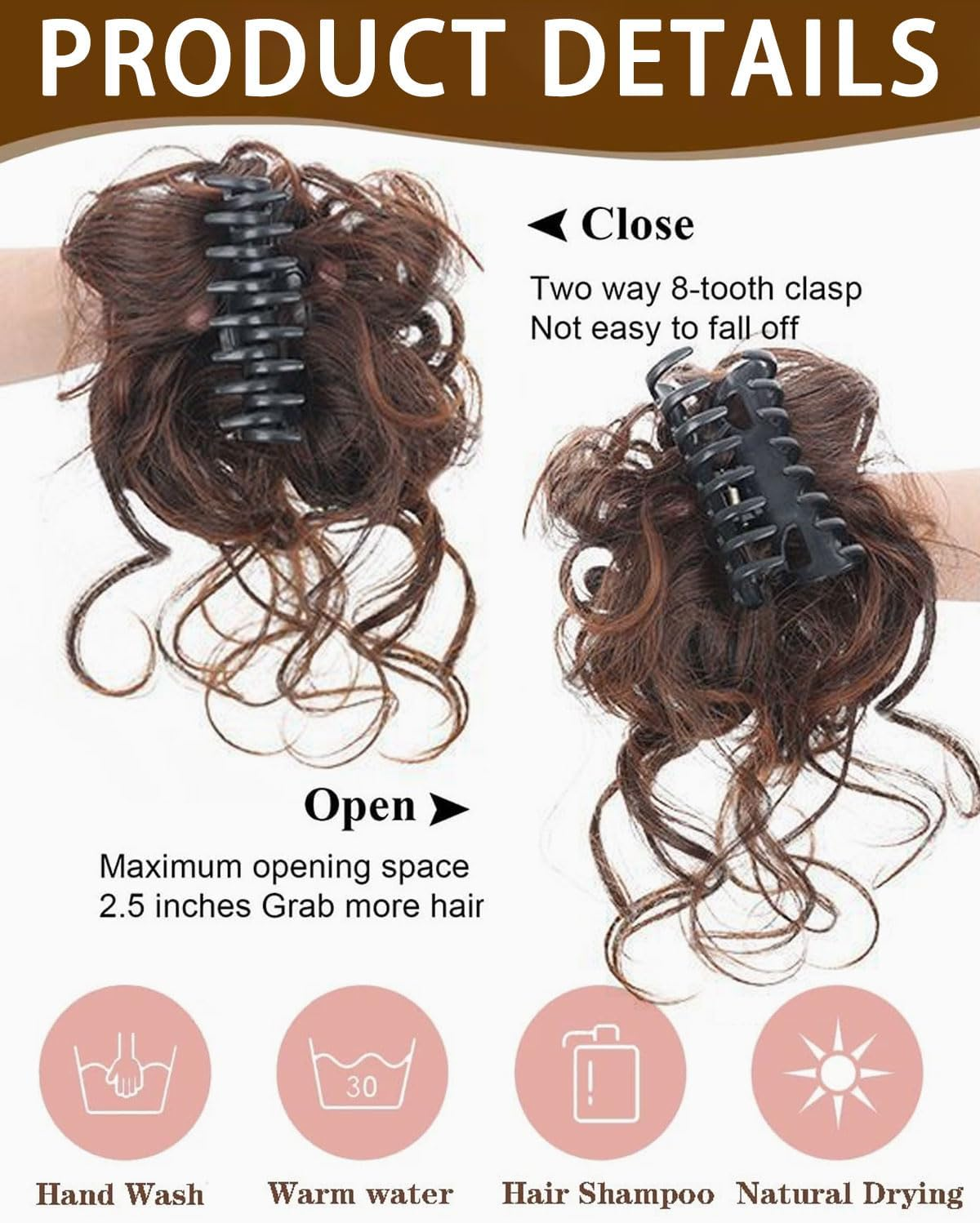 BPTRKOM Natural Looking Women'S Hair Pieces - Extension for Bun Ponytail & Updo Curly, Wavy & Messy Look, Synthetic, with Claw & Clip for Secure Hold (Dark Brown) image number 4