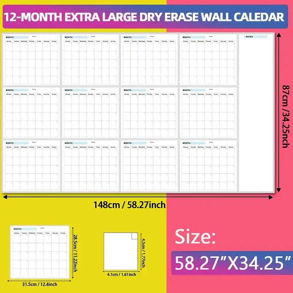 Large 148X87Cm Dry Erase Wall Calendar - Yearly Reusable Planner with Marker, Perfect for Office & Home Organization - Family & Classroom Whiteboard Calendar image number 2