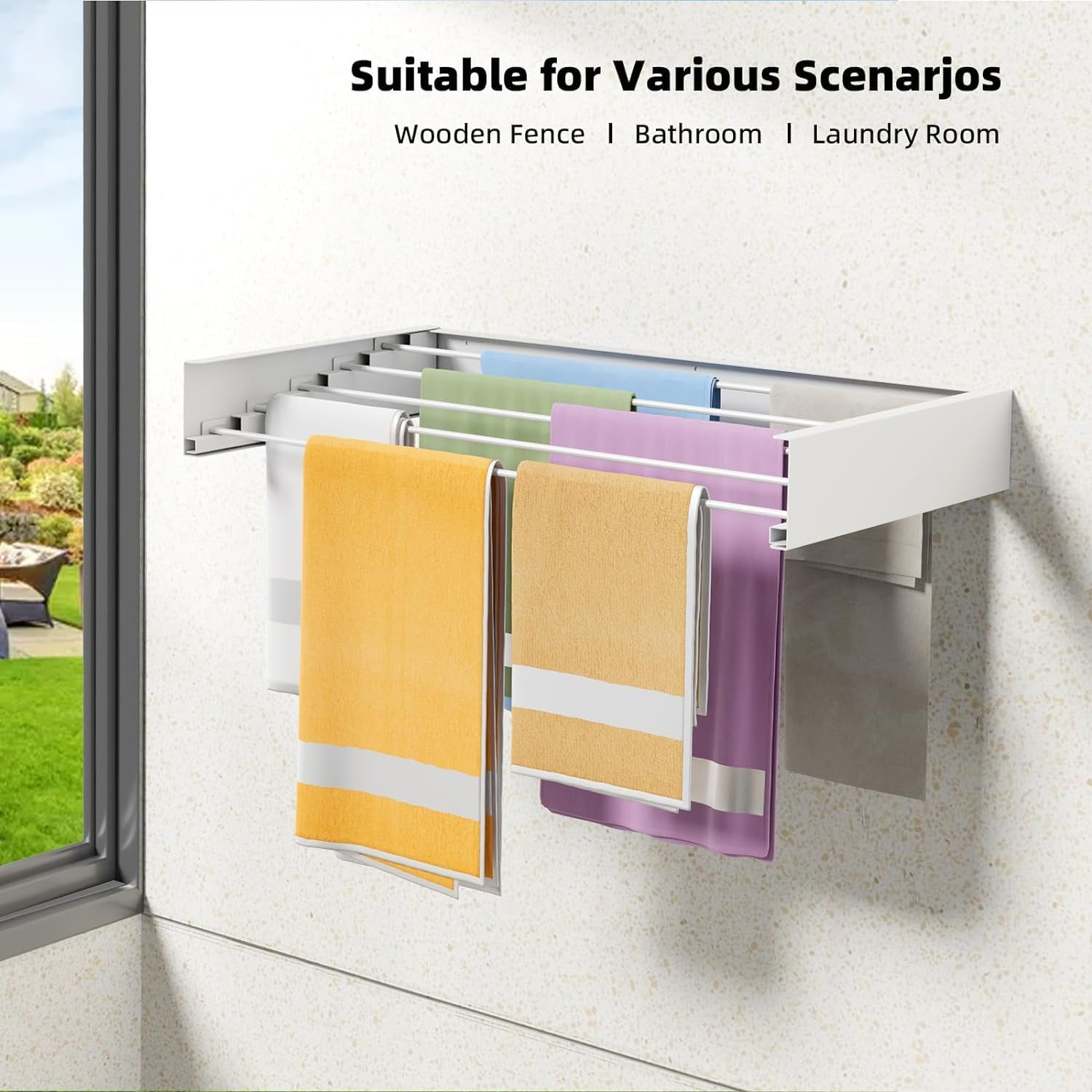 Laundry Wall Mounted Drying Rack, Collapsible and Retractable, 31.5" Wide, 13.2 Linear Ft, 5 Aluminum Rods, 60 Lb Capacity (White, 80Cm) image number 5