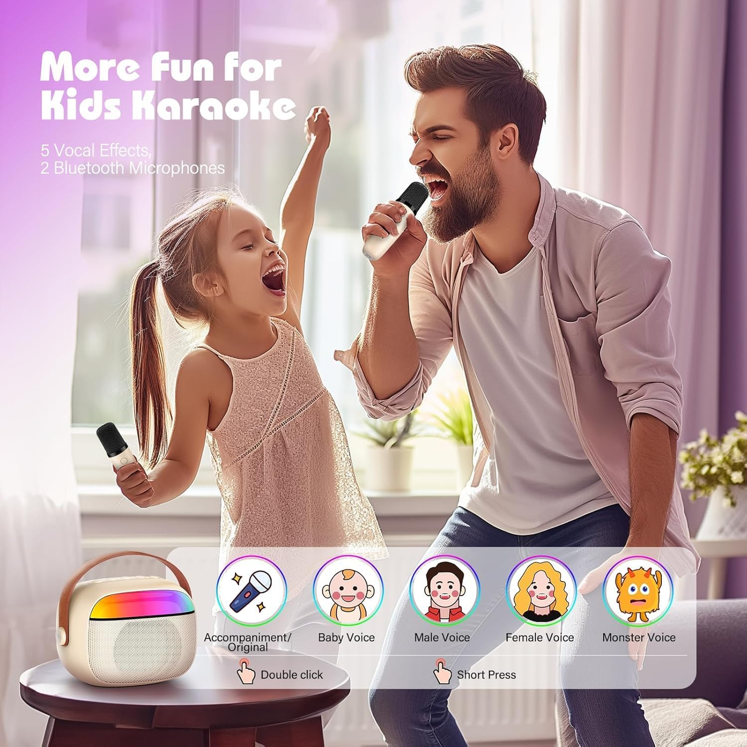 Karaoke Machine for Kids Adults, Mini Portable Bluetooth Speaker with 2 Wireless Microphone, Kids Toys Birthday Gifts for Girls Ages 4-12 +Year Old Family Home Party (Off White)