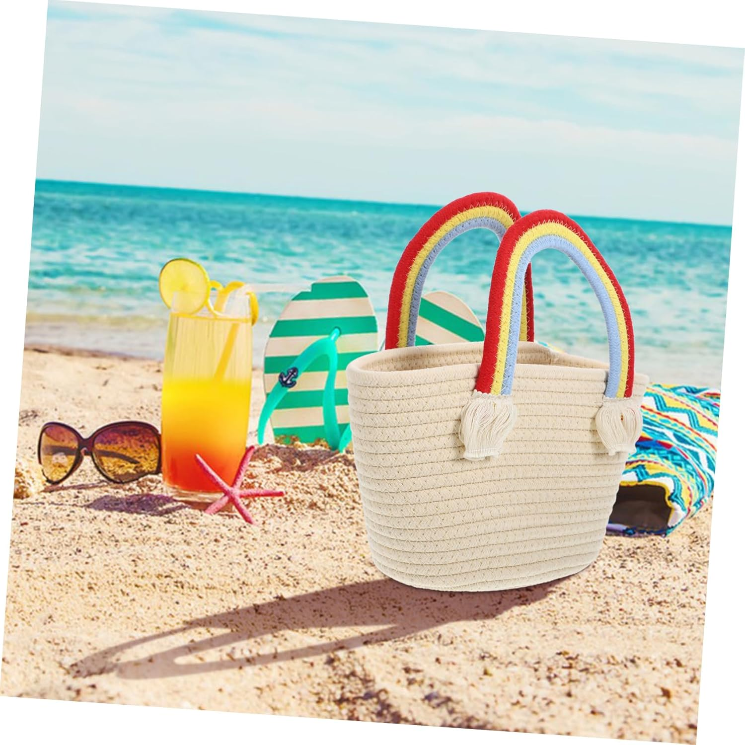SHOWERORO Rainbow Cloud Woven Handbag Cotton Storage Basket for Snacks Beach Vacations Lightweight Practical Design with Vibrant Handles for Valentine Day Present Baskets image number 5