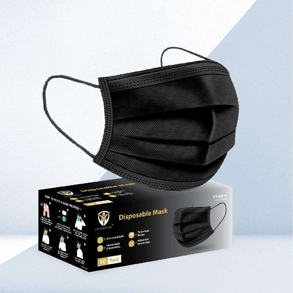 Blue/Black/Pink - Guardian Sheild 3 Layers Adult Disposable Face Mask (50Pcs, Black)