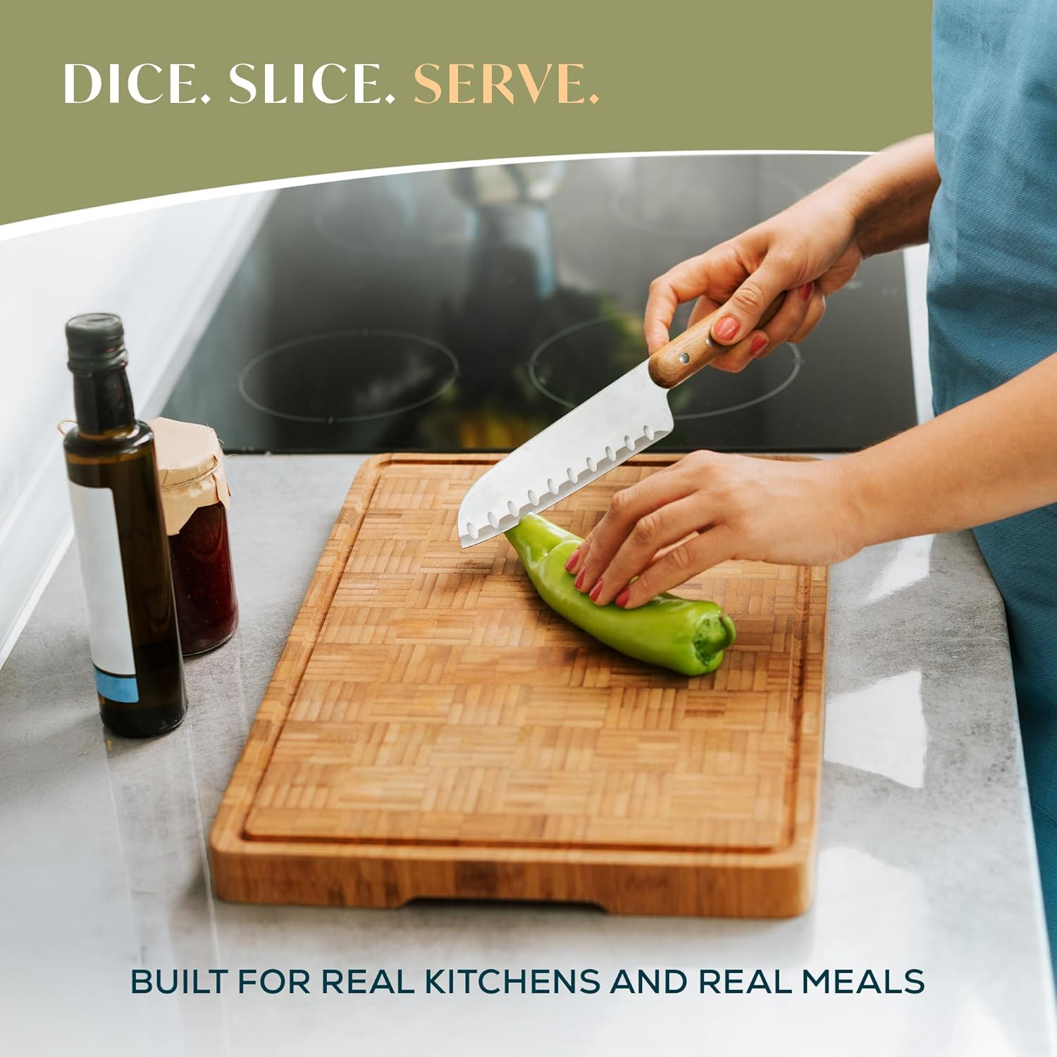 Cactus and Cubby Wooden Chopping Board. Crafted End Grain Bamboo Cutting Board. Premium Deep Carbonised Finish. Large (45 X 30 X 3Cm). Butchers Block. Juice Grooves. Side Handles. Serving Tray. image number 2