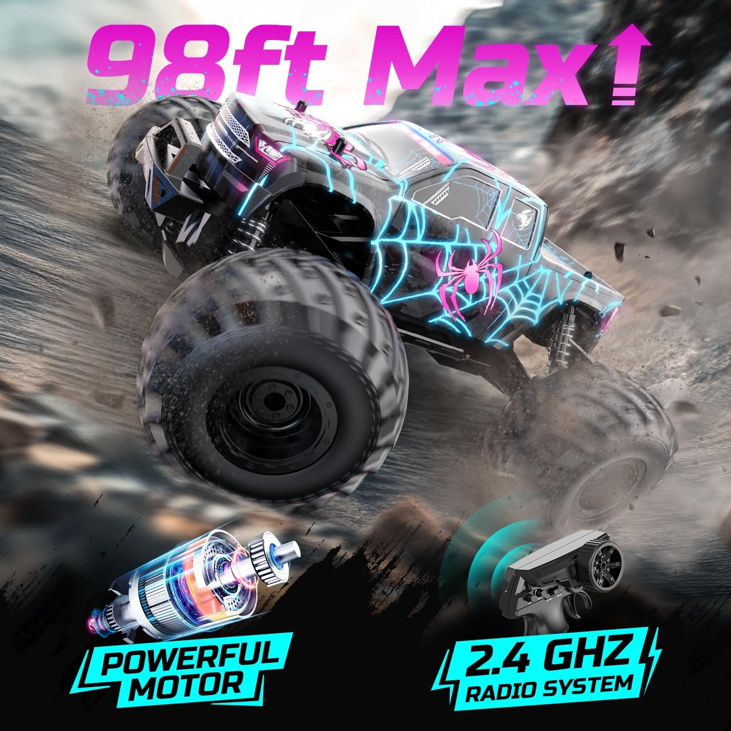 DEERC 1/16 Glowing Spider Remote Control Car - 15KM/H Fast RC Cars W/2 Rechargeable Batteries for 30 Mins Play, All Terrain Off-Road Monster Truck Toys for Boys Kids Age 4-7 8-12 image number 3