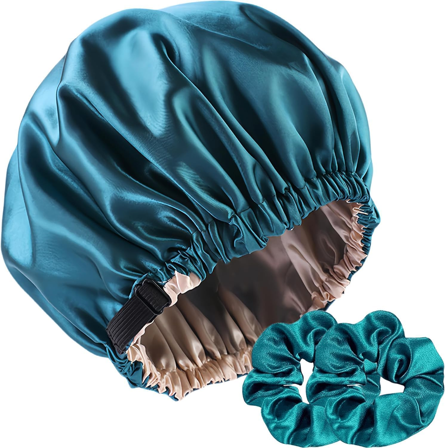 Adjustable Satin Bonnet and Scrunchies Set - Enjoy Silk Comfortable Sleep Bonnet and Stylish Hair Accessories - Waterproof Shower Cap - Protect & Style Hair Confidently