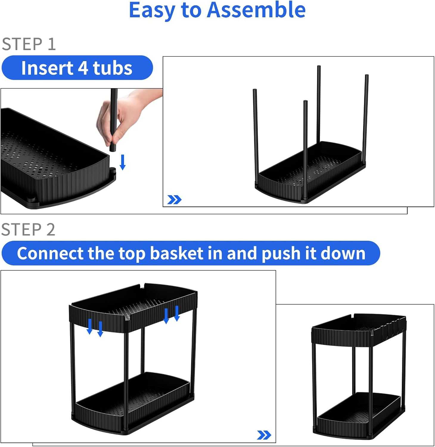 Under Sink Organizer Storage 2 Packs, 2-Tier Shelf with 4 Hanging Hooks, under Slid Cabinet Basket Rack for Bathroom Kitchen image number 1