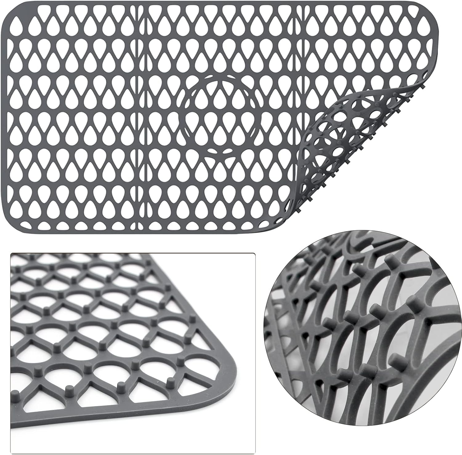 Foldable Non-Slip Sink Mat, Silicone Sink Protectors for Kitchen Sink, Sink Mat Grid for Bottom of Farmhouse Stainless Steel Porcelain Sink for Center Drain (26''X 13.8'')-Grey image number 6