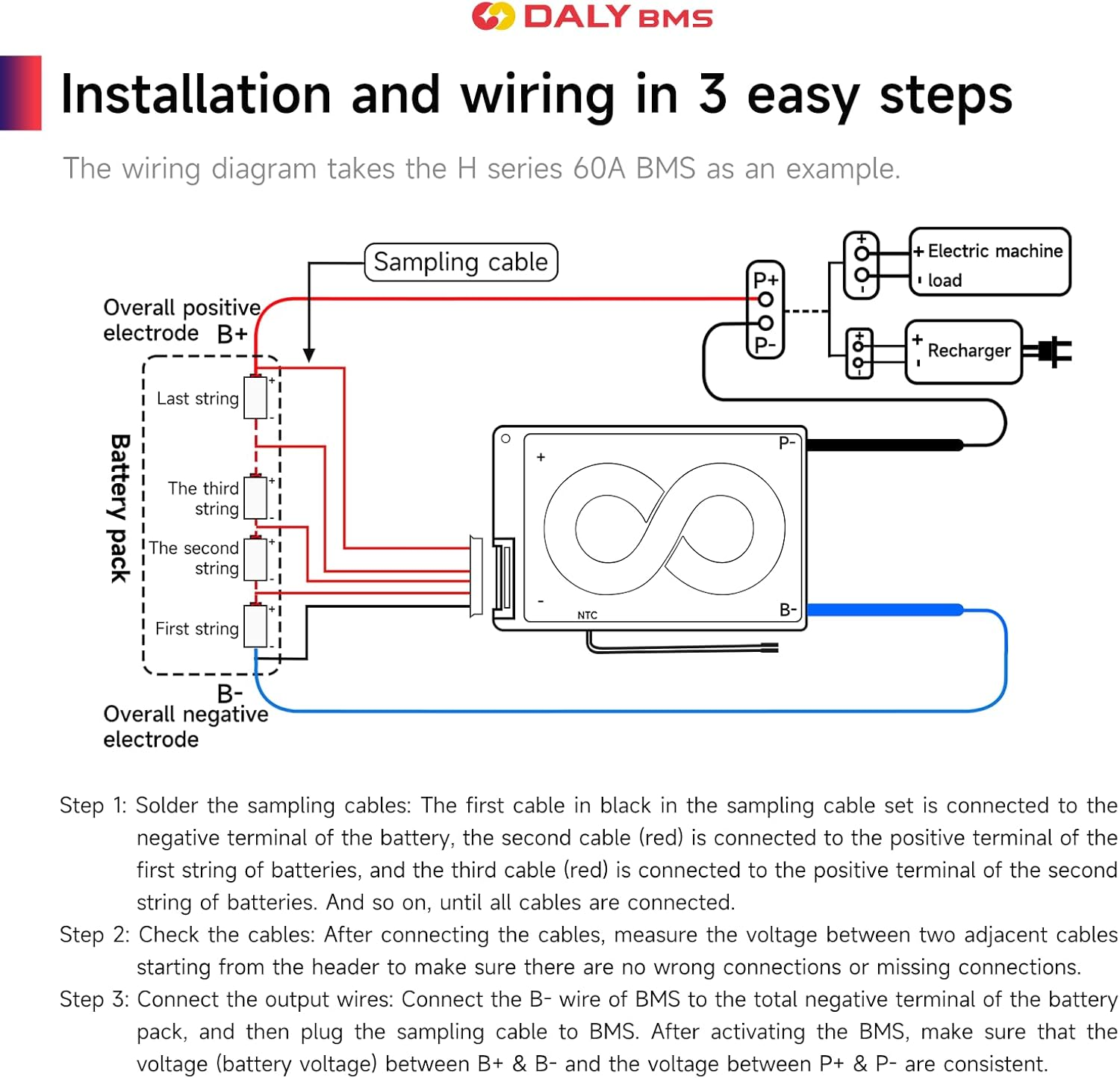 DALY 16S 60V 60A Li-Ion BMS Protection Board with Balance Wire and Temperature Sensor for Lithium Battery Pack image number 3