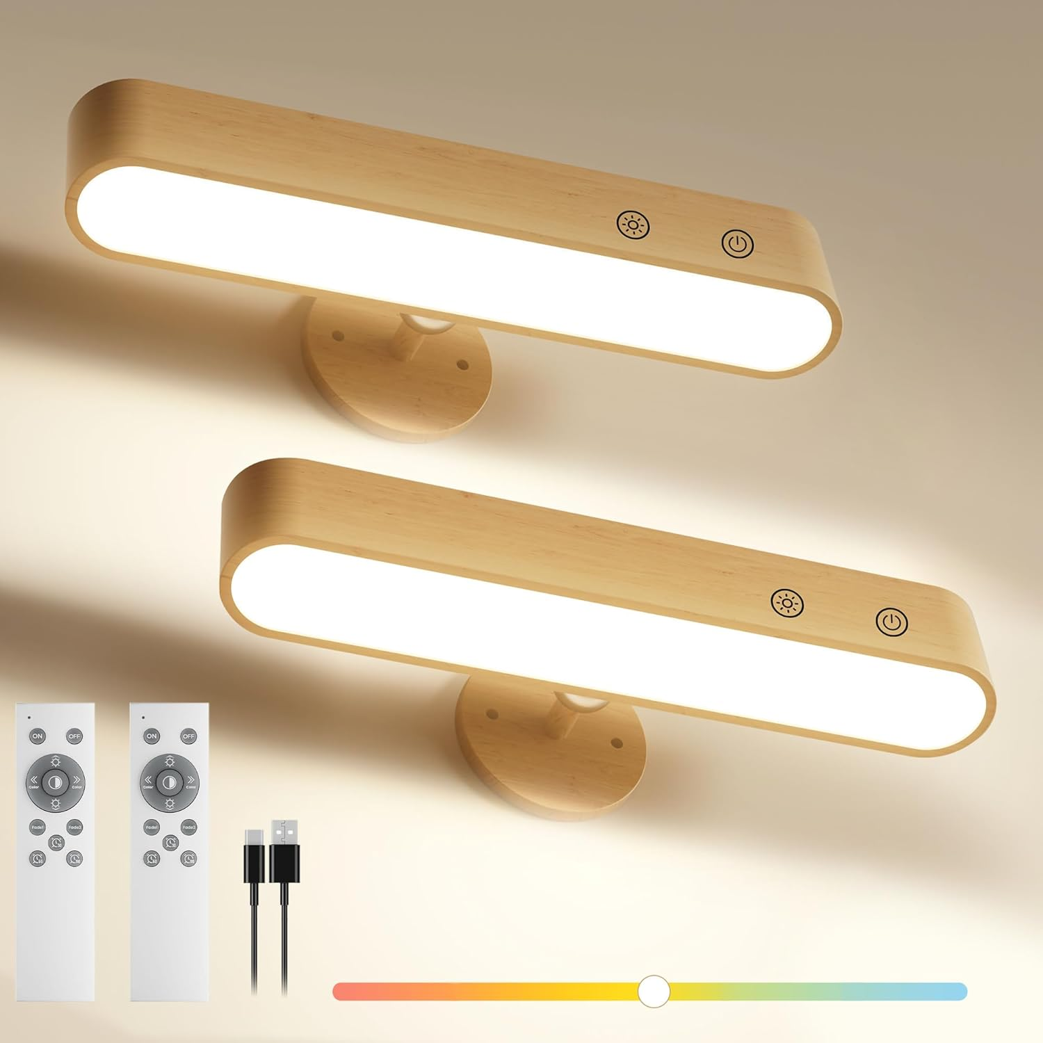 Wood Rechargeable Wall Light Indoor, 2 Pack 7500Mah Battery Operated Wall Sconce with Remote, LED Wireless Wall Light for Bedroom, 3 Colors Dimmable Brightness Wall Sconce with 15 RGB Colors