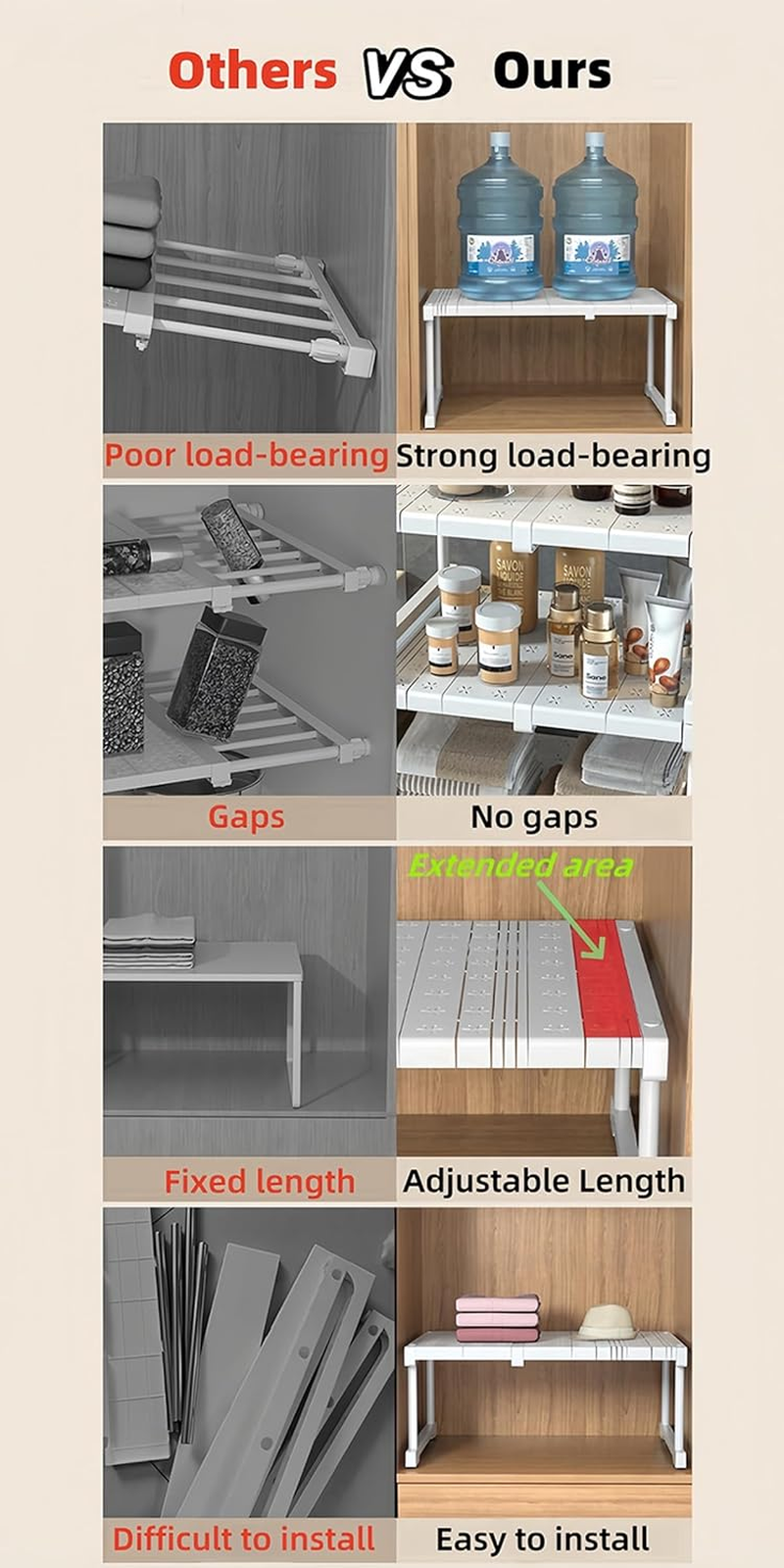 Ssumght Stackable Closet Shelf Expandable Clothes Storage Rack Pantry Cabinet Organizer Wardrobe Divider Separator Stand Shoe Racks for Bathroom, Kitchen (3 Pcs,((67-88) X 42 X 32Cm) image number 5