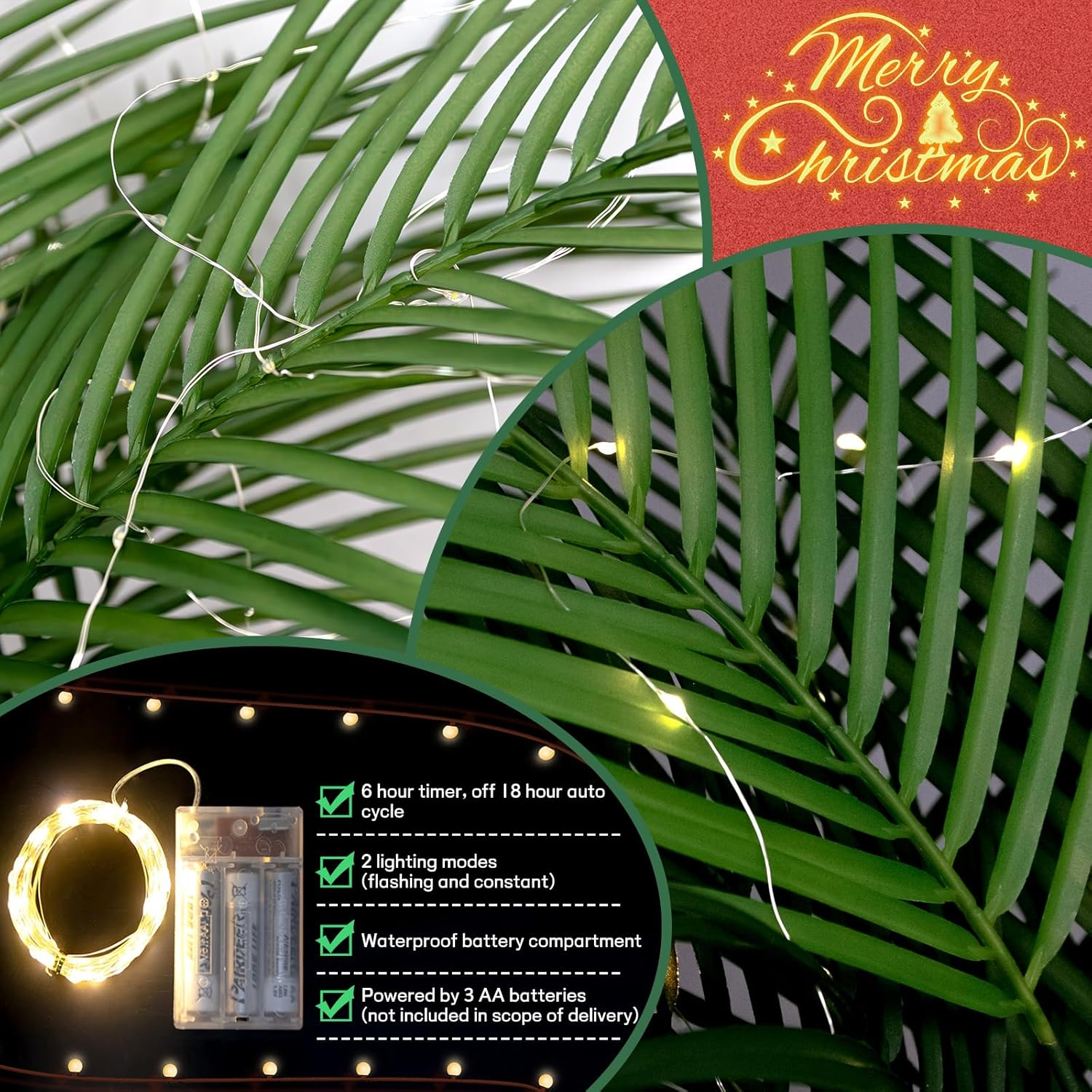 Artificial Areca Palm Plant 3.94 FT/120 Cm Tall Tropical Faux Palm Tree with 100 LED String Lights 10 Leaves Fake Palm Tree for Home Office Living Room Floor Christmas Decor