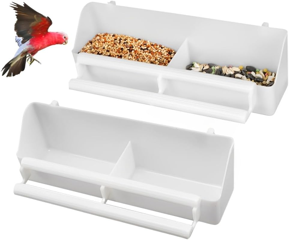 Voarge Pack of 2 Feeding Bowls, Bird Feeder for Hanging, Bird Food Dispenser, Water Bowl, Long Water Space, Drink Holder, Food Bowl, Cage Accessories for Birds, Parrots, White
