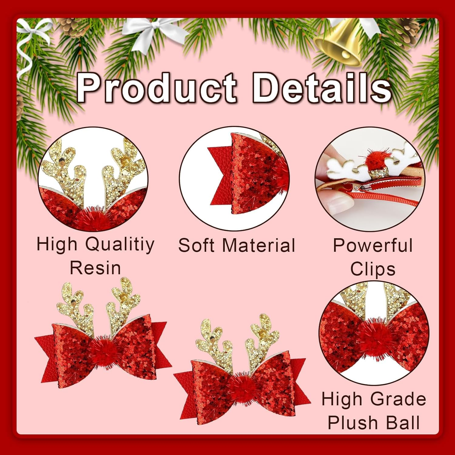 Pack of 4 Christmas Bow Hair Clips, Hair Clips, Hair Accessories, Christmas, Cute Reindeer Antlers Headband, Ears, Hair Accessory, Antlers Headpiece, Hair Pin for Women, Girls, Children image number 2