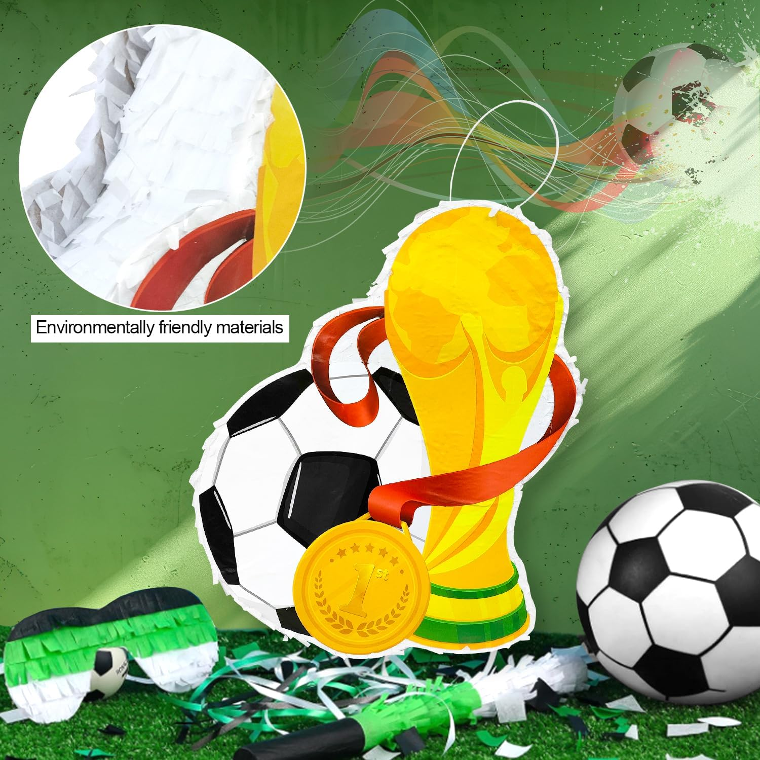 Soccer Ball Pinata, 4 Pcs Soccer Pinatas Bundle - 15.1'' Soccer Theme Pi&ntilde;ata, Soccer Party Pinata Stick & Soccer Party Games Blindfold Etc Sports Supplies image number 3