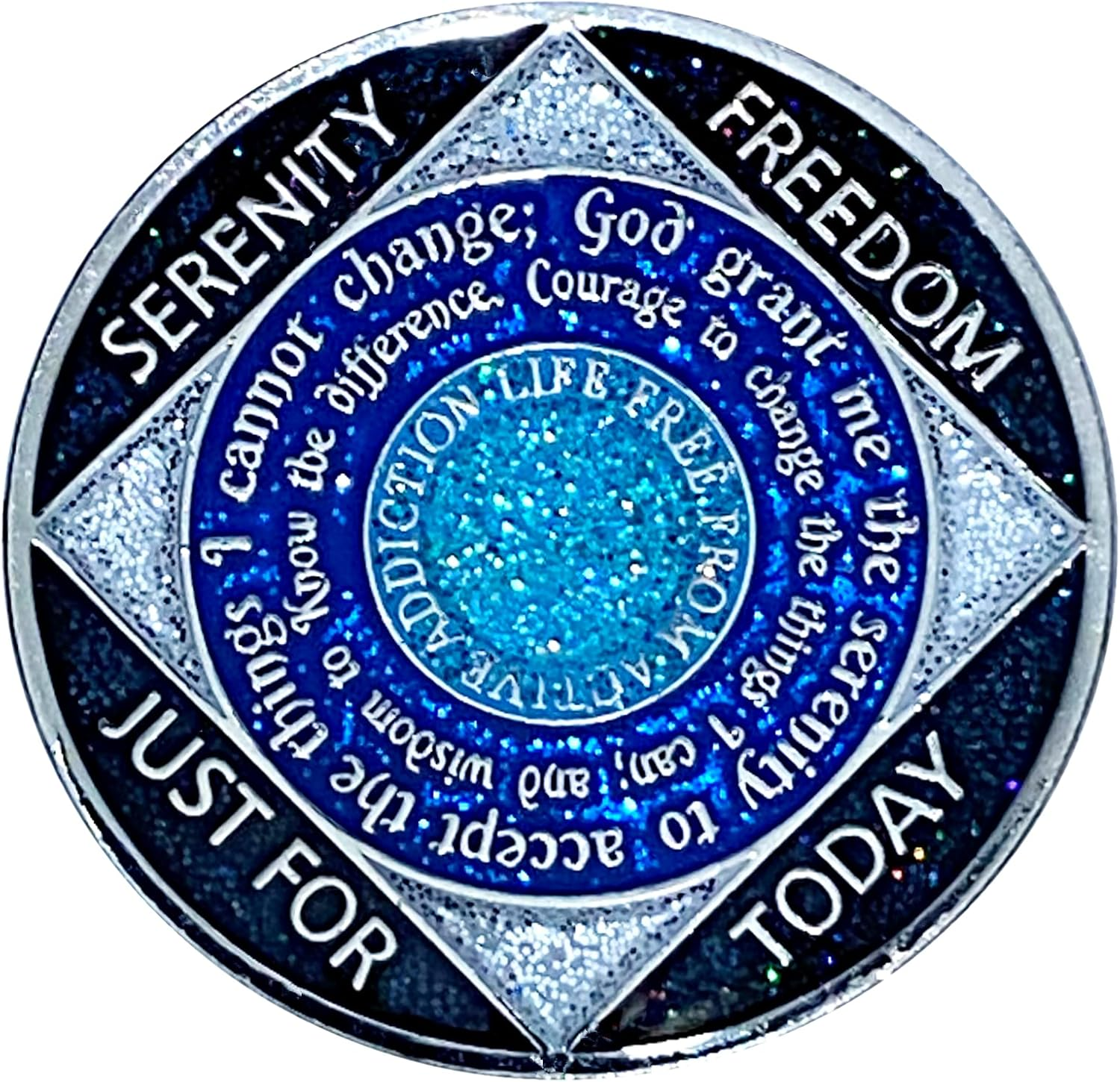 (Years 1-50) NA 40 Year Crystals and Glitter Medallion, Silver Color Plated Coin, Black Rainbow, Blue Glitter and Four Clear Crystals, Epoxy Covered (NA 40 Year Glitter & Crystals Medallion)