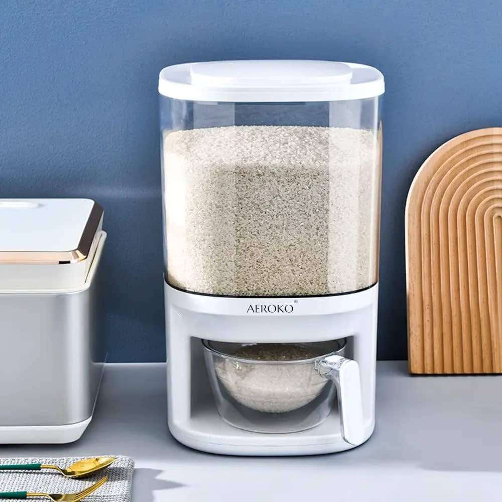 Rice Dispenser, 5KG Dry Food Grain & Cereal Storage Container with Measuring Cup, Large Capacity Rice Dispenser for Organising Home, Kitchen & Pantry, White image number 4
