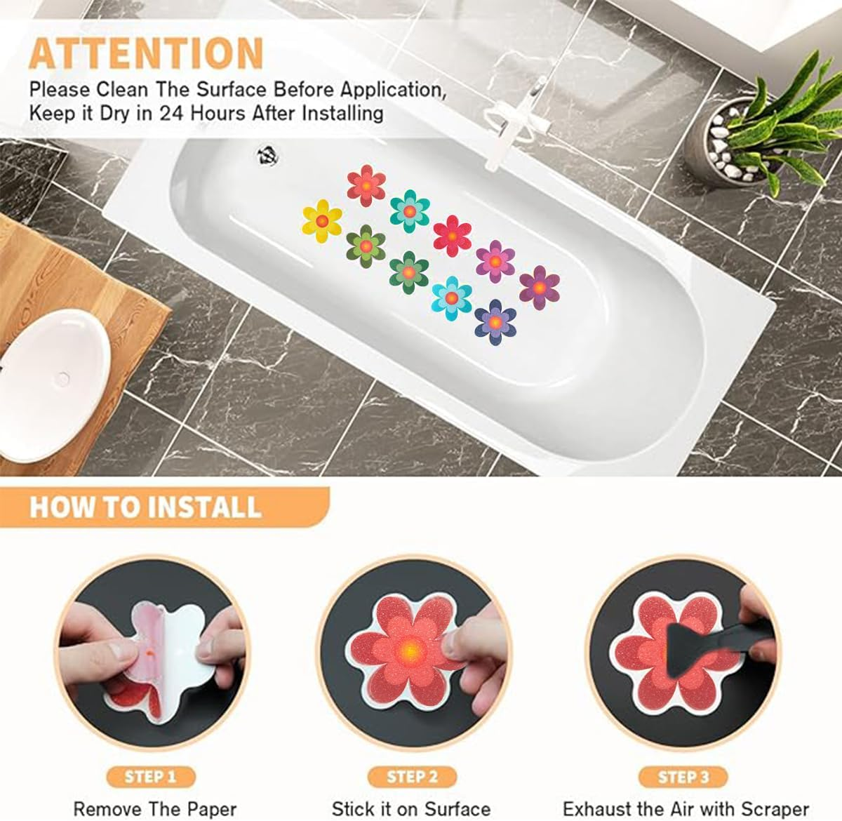 Non-Slip Bathtub Stickers, Floral Design, 10-Pack with Application Scraper (10) image number 1