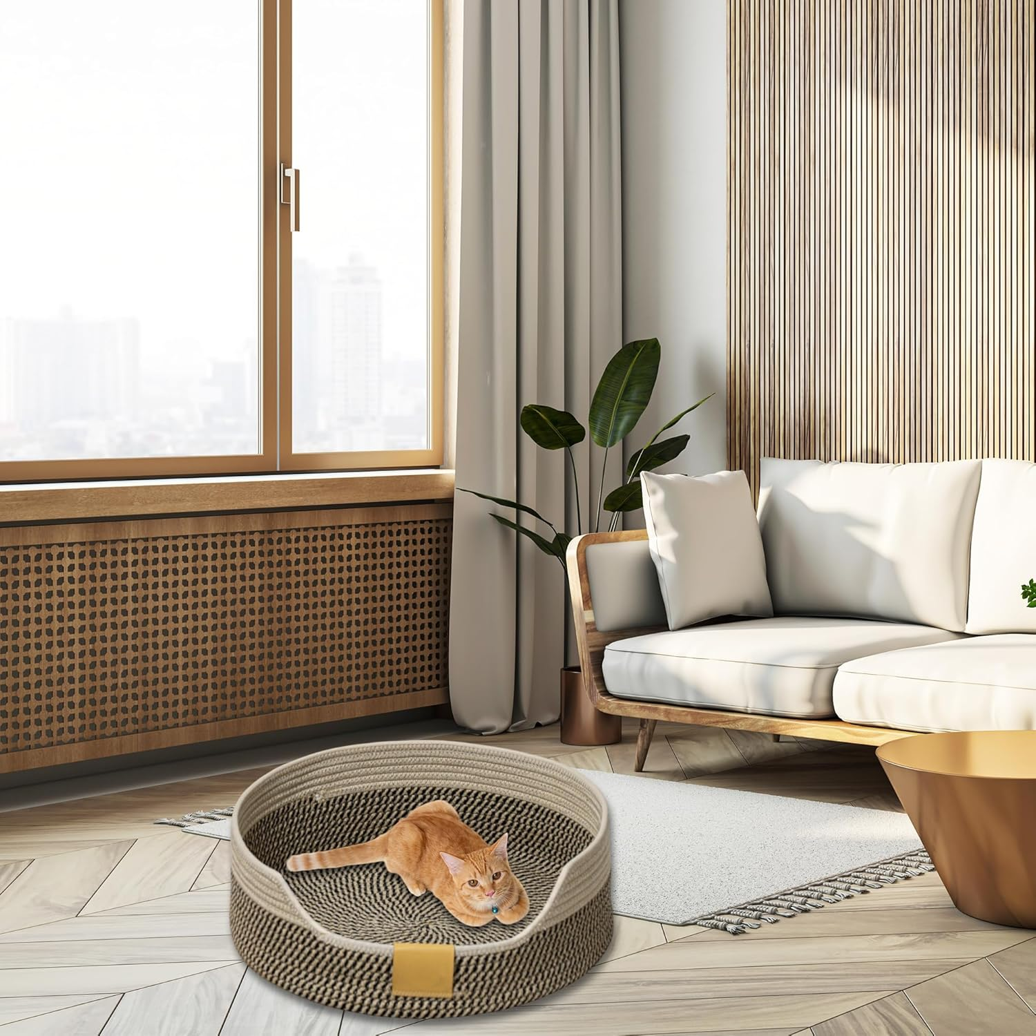 CAPASTEC Woven Cat Bed, 50 Cm Diameter, Foldable Basket Nesting Site, Breathable Pet Lounger, Claw Abrasion-Resistant Universal Kitten Bed, Black Khaki image number 2