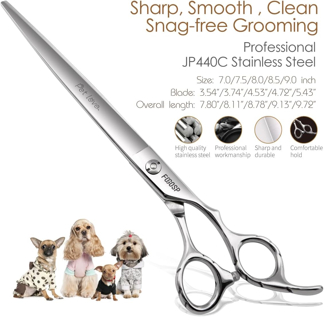 FOGOSP Professional Dog Grooming Scissors - Straight 7.0'' Dog Grooming Shears for Cutting Thick Hair, Small to Medium Pets, Cats (7.0 In, Straight) image number 2
