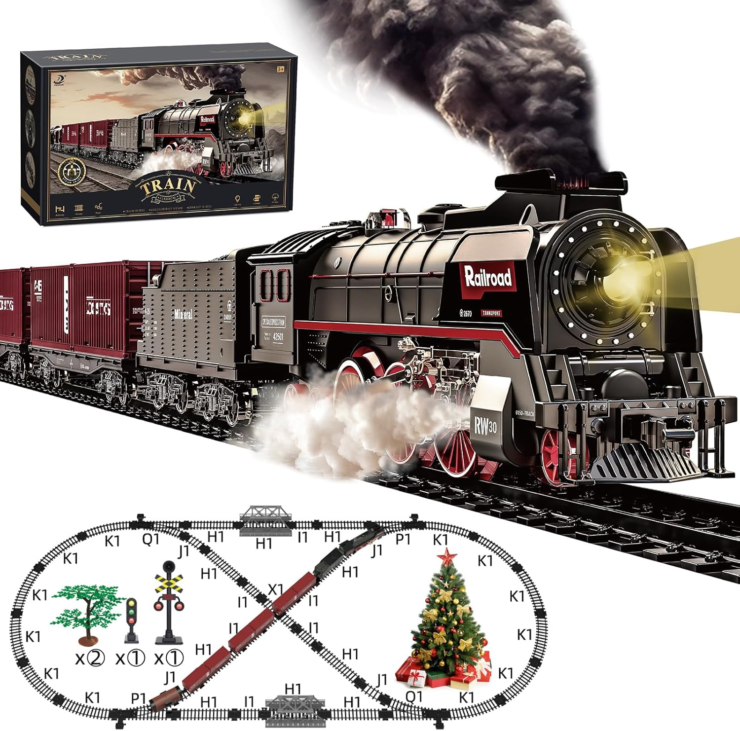 Train Set for Kids, Electric Train Toys with Realistic Light Sounds Smoke, Christmas Train Model Gifts for Toddlers Boys Girls, Steam Locomotive, Luxury Track & 3 Truck Carriages image number 6