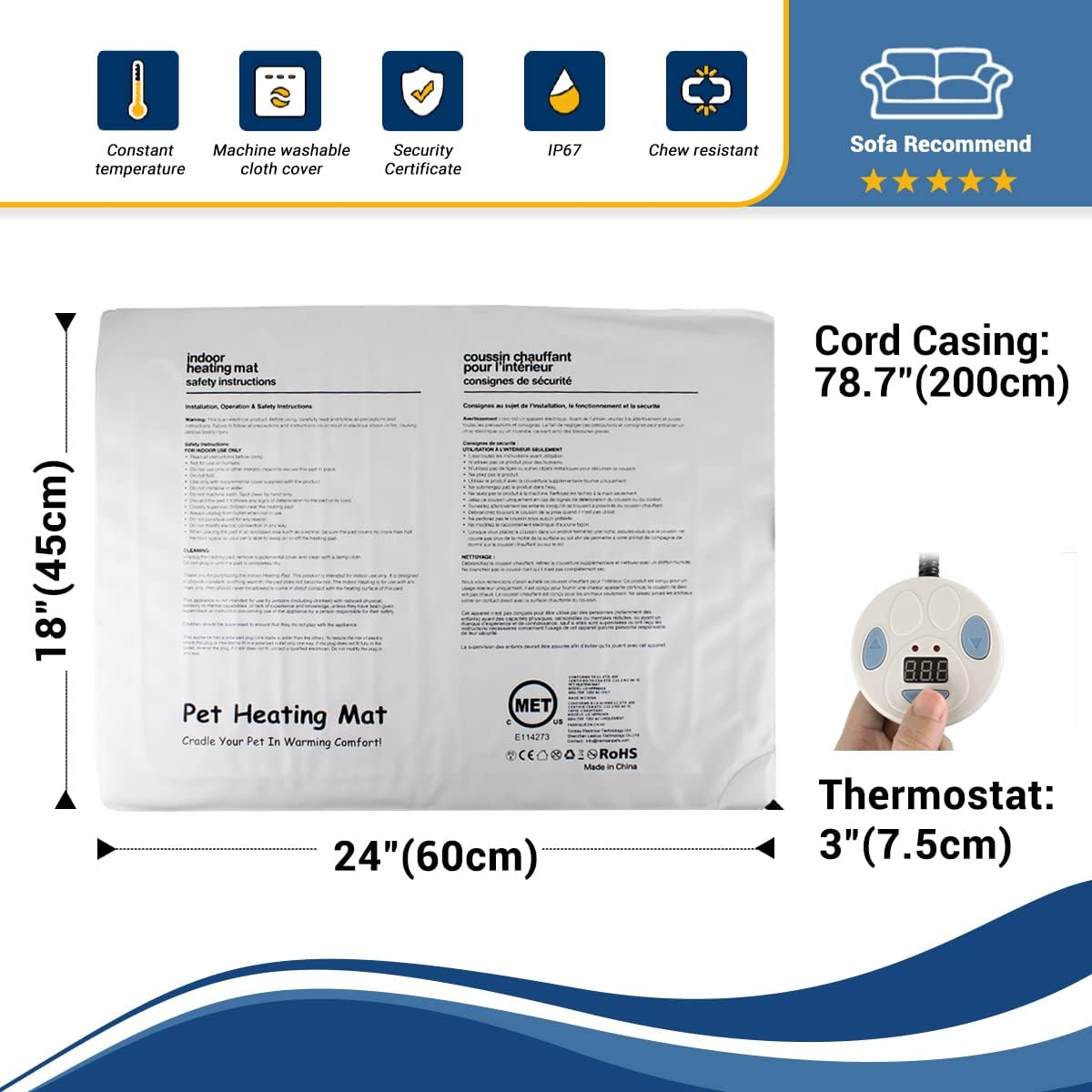 Enjoying Pet Heating Pad 60Cm X 45Cm Dog Heating Pad 7 Level Adjustable Temperature Pet Mat, Blue image number 2