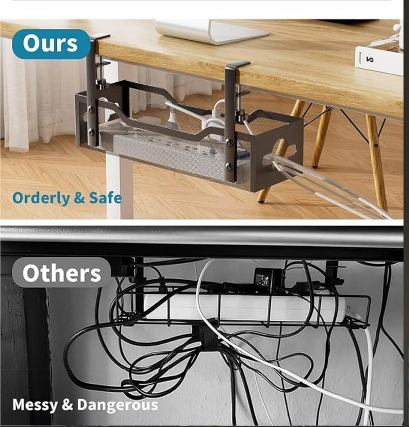 Under Desk Cable Management Tray No Drill,Metal Mesh Cable Tray with Clamp for Desk Wire Management, 2 Hole Cable Tray with Desk Wire Management and Desk Cord Organizer for Office, Home (Black) image number 5