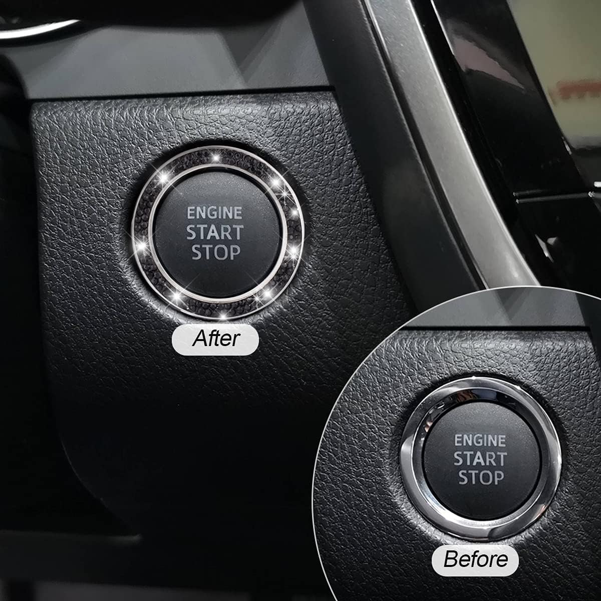 Car Bling Crystal Rhinestone Engine Start Ring Decals, 2 Pack Car Push Start Button Cover/Sticker, Key Ignition Knob Bling Ring, Sparkling Car Interior Accessories for Women (Black) image number 6
