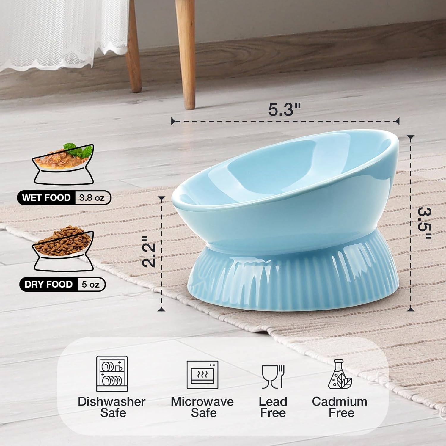 Elevated Cat Bowl, Ceramic Tilted Cat Food Bowl, anti Vomiting, Stress Free on Neck and Spine, Spill-Proof, Anti-Tipping, Dishwasher Safe, Raised Cat Bowls for Indoor Cats, Dry/Wet Food, Blue image number 4