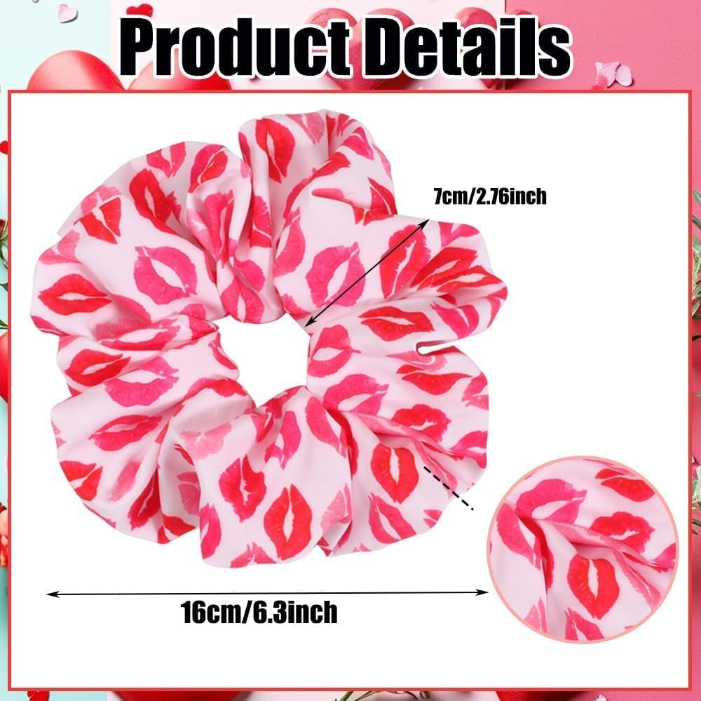 Heart Printed Hair Scrunchies for Girl, 4Pcs Valentines Hair Ties Heart Printed Hair Scrunchie,Valentine Red Lips Printed Hair Scrunchie,Valentine'S Day Hair Scrunchie Pink Red Heart Design Hair Ties image number 3
