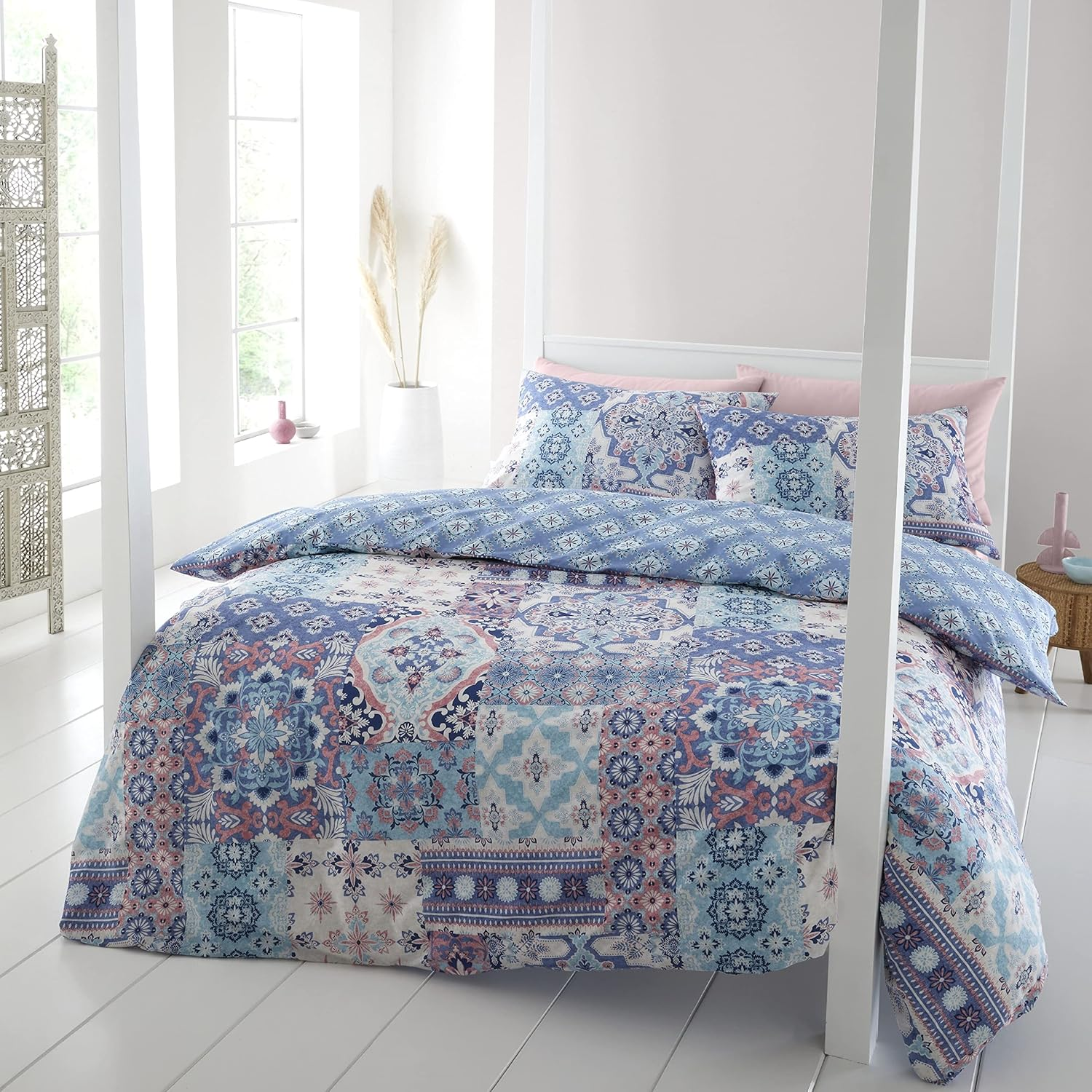 Catherine Lansfield Bedding Boho Patchwork Single Duvet Cover Set with Pillowcase Blue image number 2