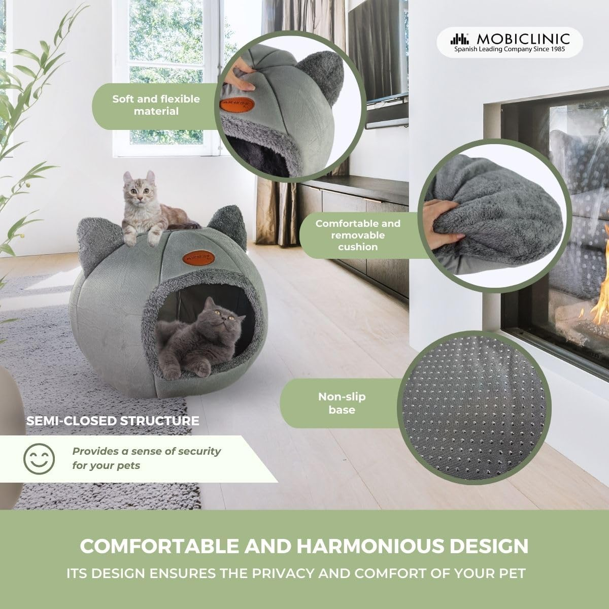 Mobiclinic&reg; Pets Cat Bed, Cave Nest, Hellocatty, Machine Washable, Easy to Fold and Store, Non-Slip, Comfortable and Removable Cushion, 25D Foam, Modern Design image number 3