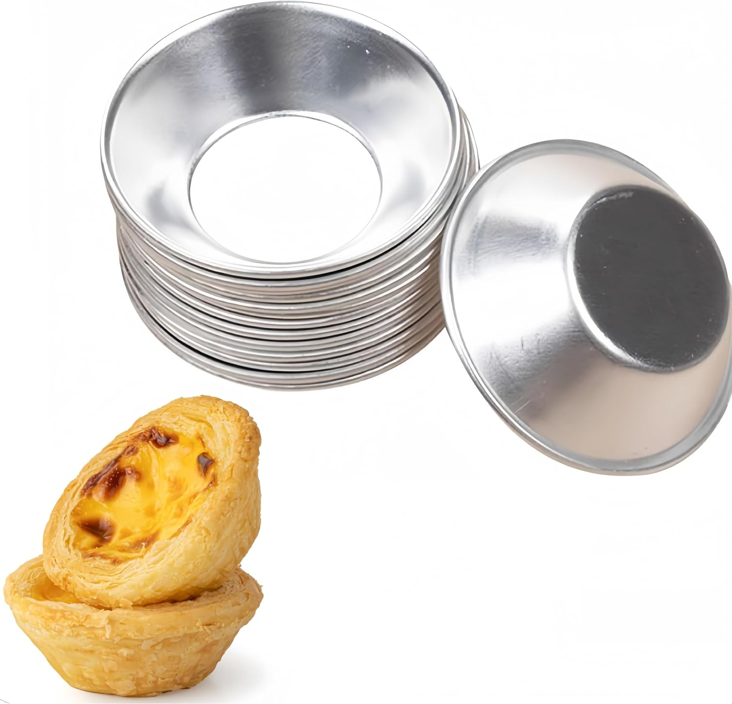 Aluminum Egg Tart Molds 10 Pcs, Thicker Cake Cup Egg Tart Pudding Mould DIY Tools,Individual round Pie Tins, Pudding Moulds Cupcake Cups, Non-Stick Coating Quiche Baking Moulds image number 1