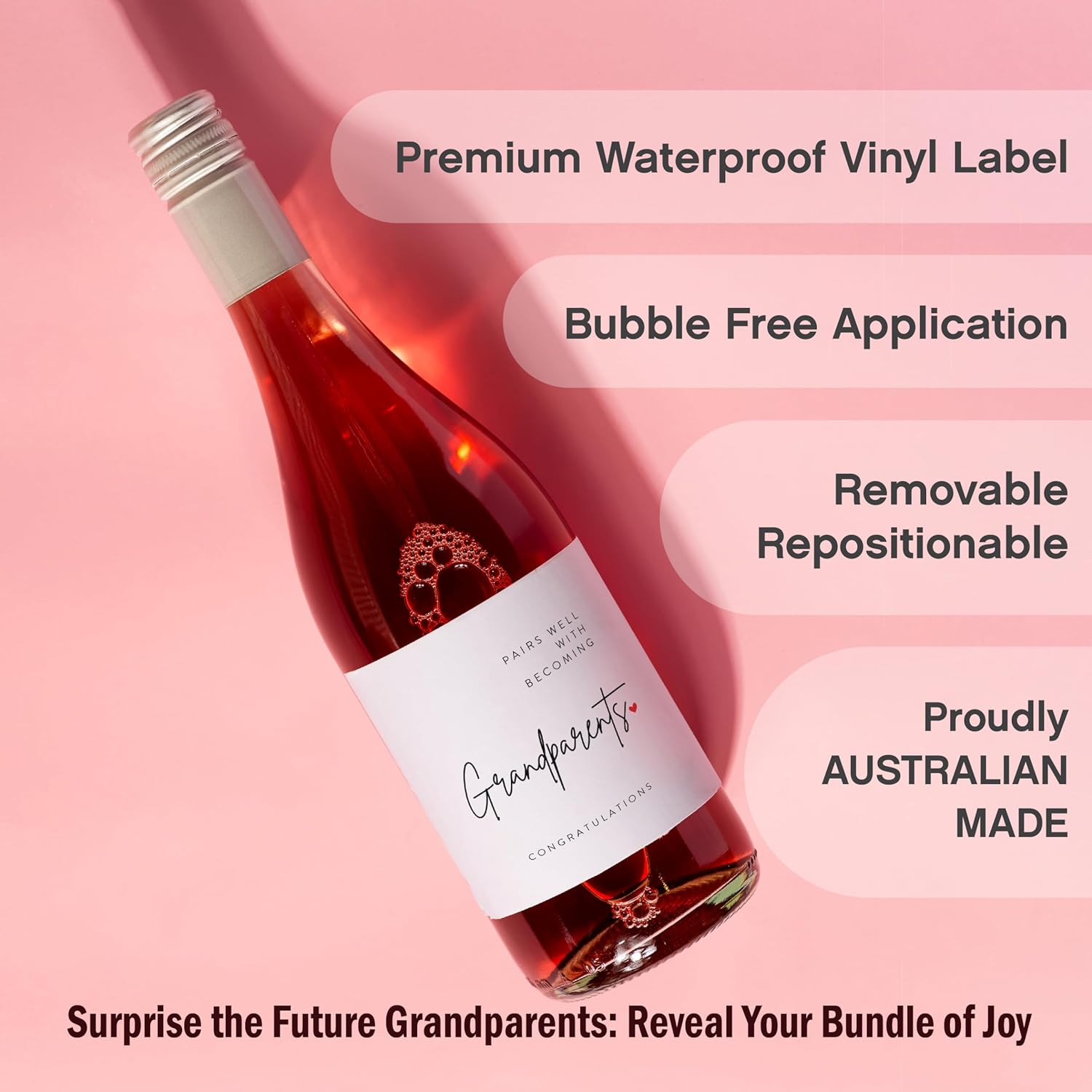 OZ DECO Pregnancy Announcement Wine Labels for New Grandparents - Waterproof, Easy Apply - 2-Pack, Made in Australia (L) image number 6