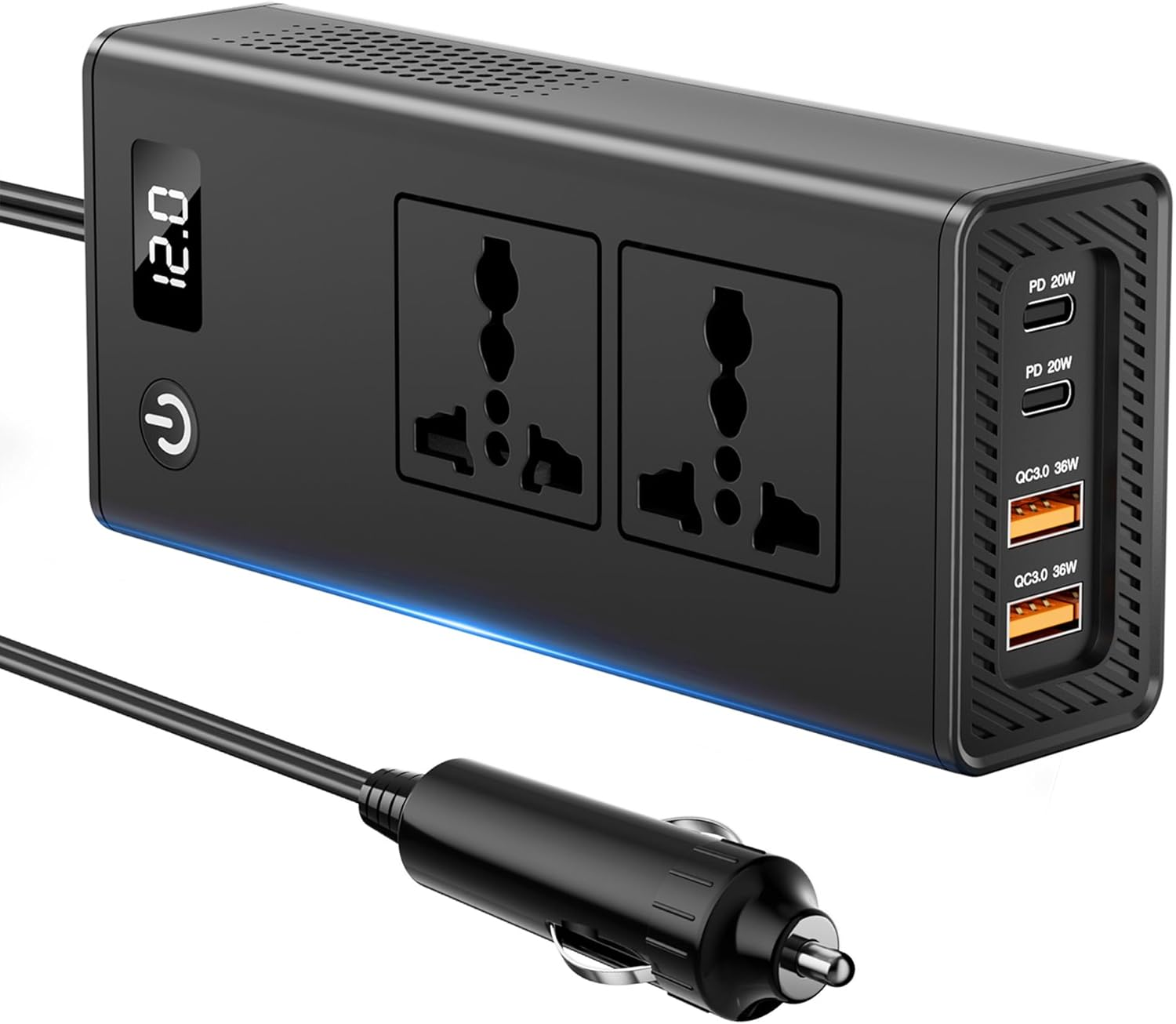 200W Car Power Inverter, DC 12/24V to 230V AC, 6-In-1 Car Socket Adapter with 20W USB-C and QC 3.0 (36W) with LED Display for Cars, Suvs, Etc.