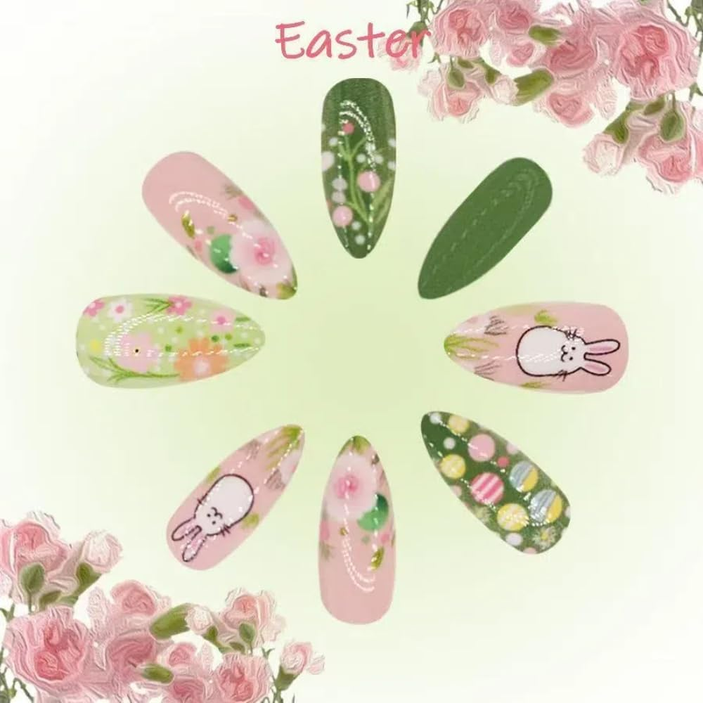 Ztcily False Nails Almond Medium Pink and Green False Nails French Manicure Rabbit Flower and Colorful Eggs Fake Nails for Easter