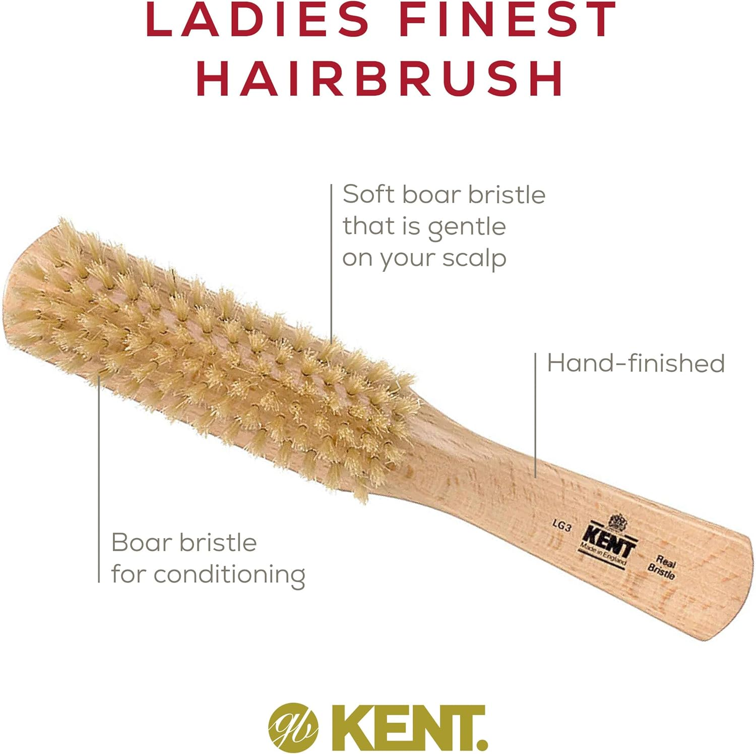 Kent LG3 Finest Hair Brushes for Women - Natural Beechwood and Boar Bristle Narrow Hairbrush for Fine or Medium Thickness Hair All Lengths - Dry Brush for Styling, Straightening, and Stimulating Oils image number 5