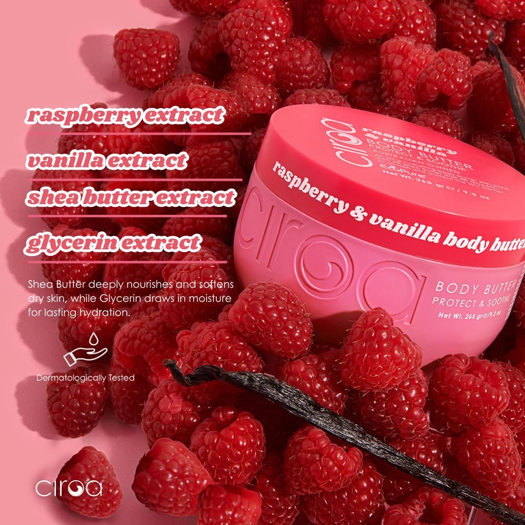 Ciroa Beauty Raspberry & Vanilla Body Butter 265G | with Shea Butter, Glycerin & Vanilla Extract | Deep Hydration for Dry Skin | Softens, Smooths & Restores Glow | Non-Greasy Vegan Formula image number 5