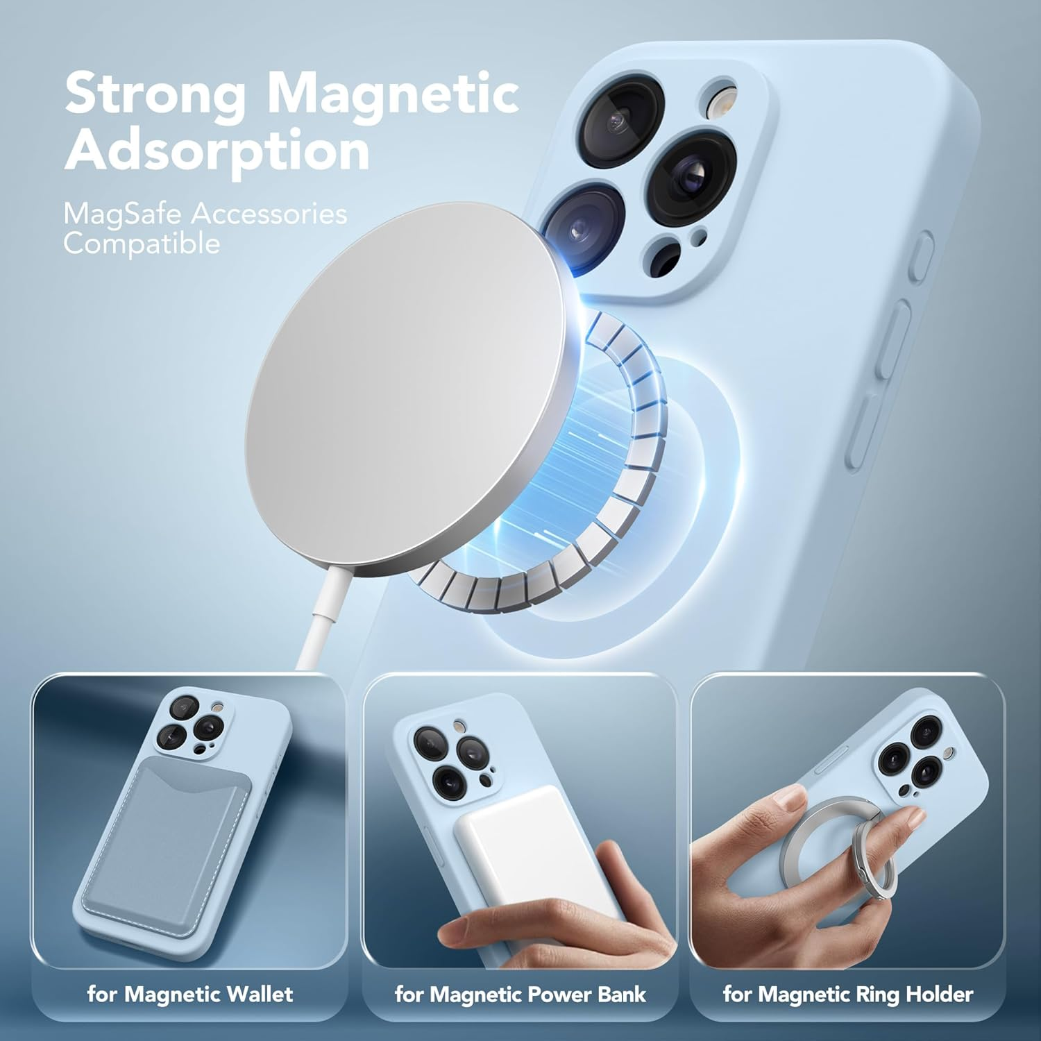 Suydanbox Magnetic for Iphone 13 Pro Case, Compatible with Magsafe, [Full Camera Protection][Screen Protector] Silicone Shockproof Protective Phone Case for Iphone 13 Pro 6.1", Light Blue image number 6