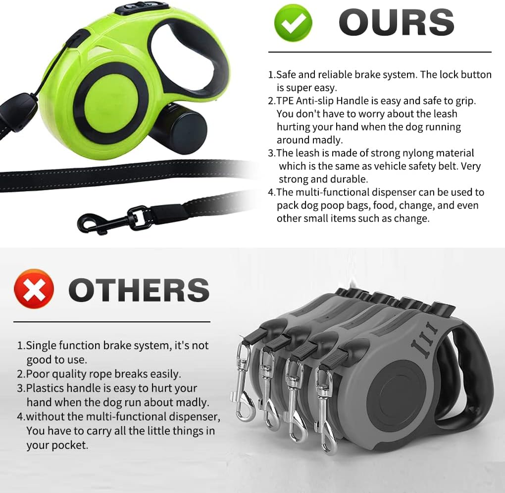Retractable Dog Leash Lead with Dispenser and Poop Bags, Pet Walking Leash for Large Dog or Cat, Anti-Slip Soft Handle, Tangle Free, Reflective Nylon Tape(Black, 5 Meters, Max Load 50KG) image number 2